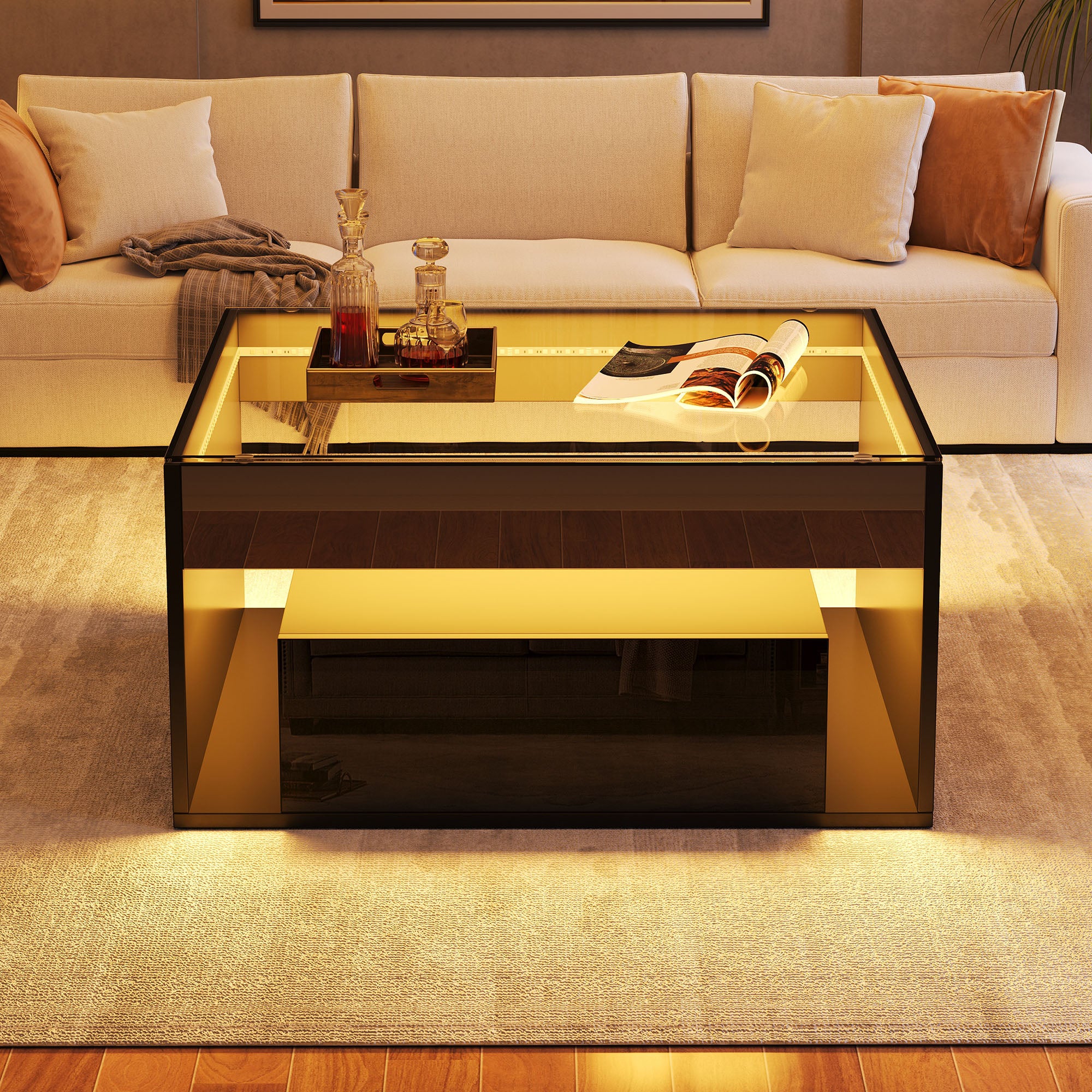 Coffee Table with 2 Drawers and LED Tempered Glass Top, High Gloss Black