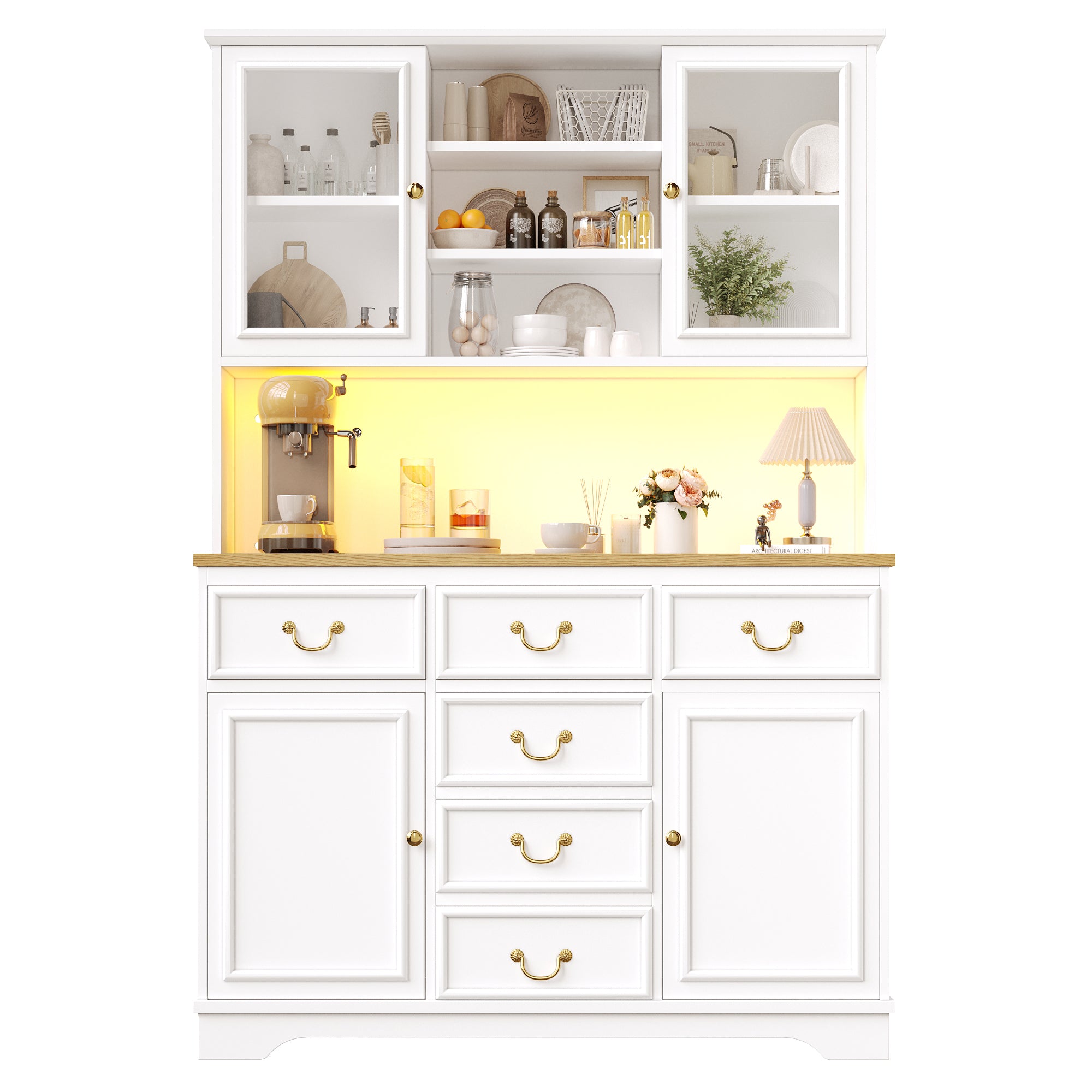 Tall Kitchen Cabinet Sideboard with USB Ports, Sockets and LED Lighting, White