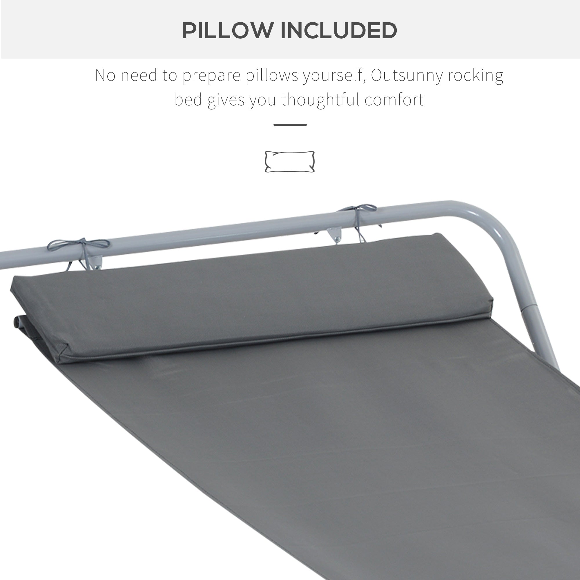 Rocking Sun Lounger, Single Outdoor Sunbed with Headrest Pillows and Metal Frame, Texteline Grey