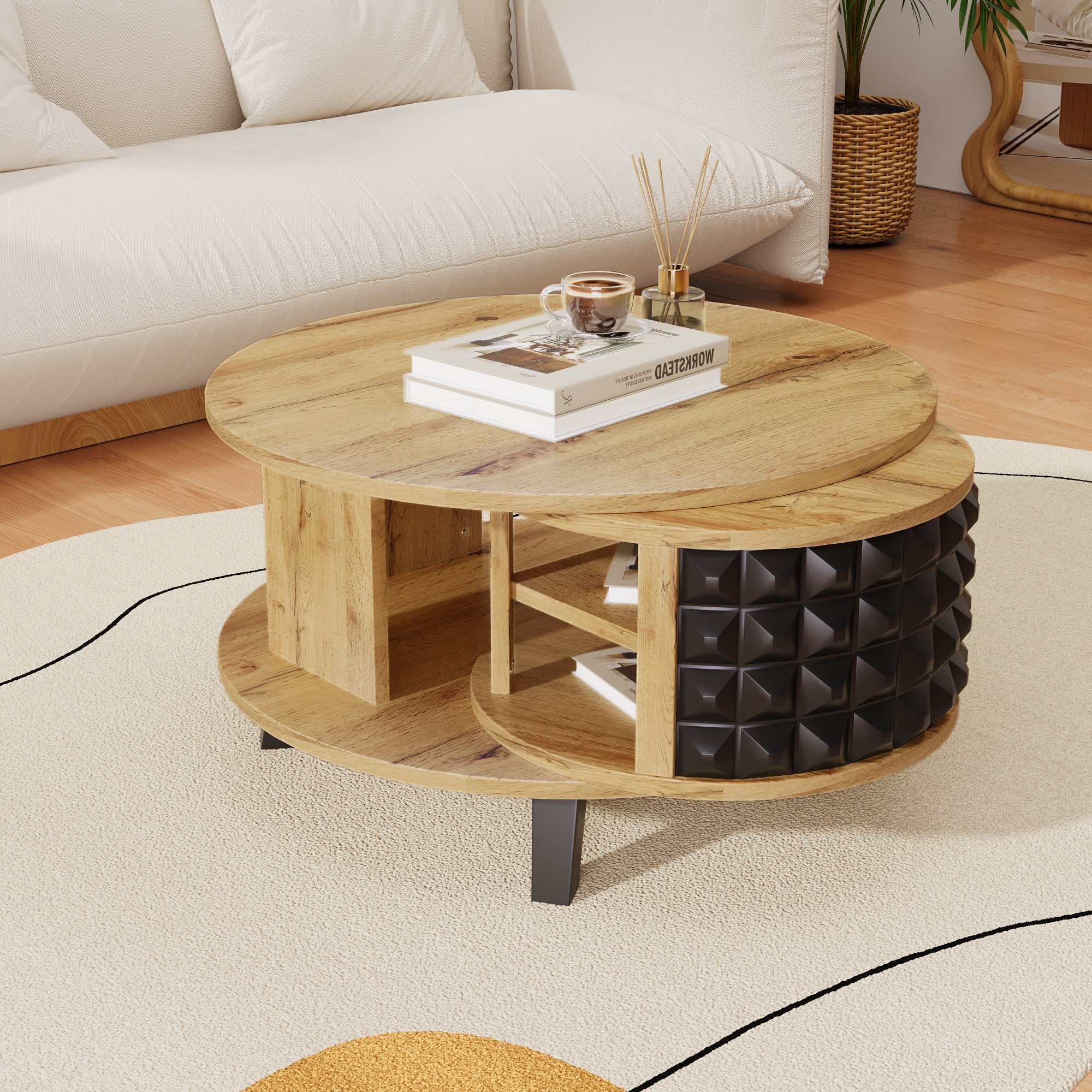 Coffee Table Rotating Side Table with Hidden Storage