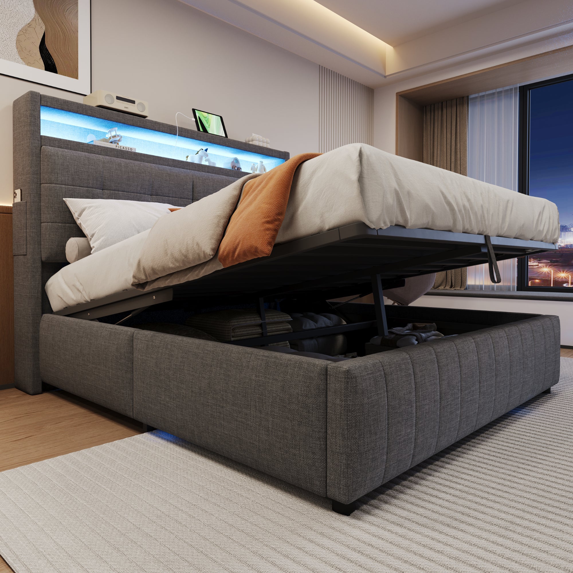 Upholstered Bed 160x200 cm, LED Lighting, USB Socket, Hydraulic Storage, Gray Linen