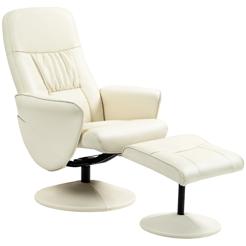 Swivel Recliner Chair with Footstool, High Back PU Leather, Cream White