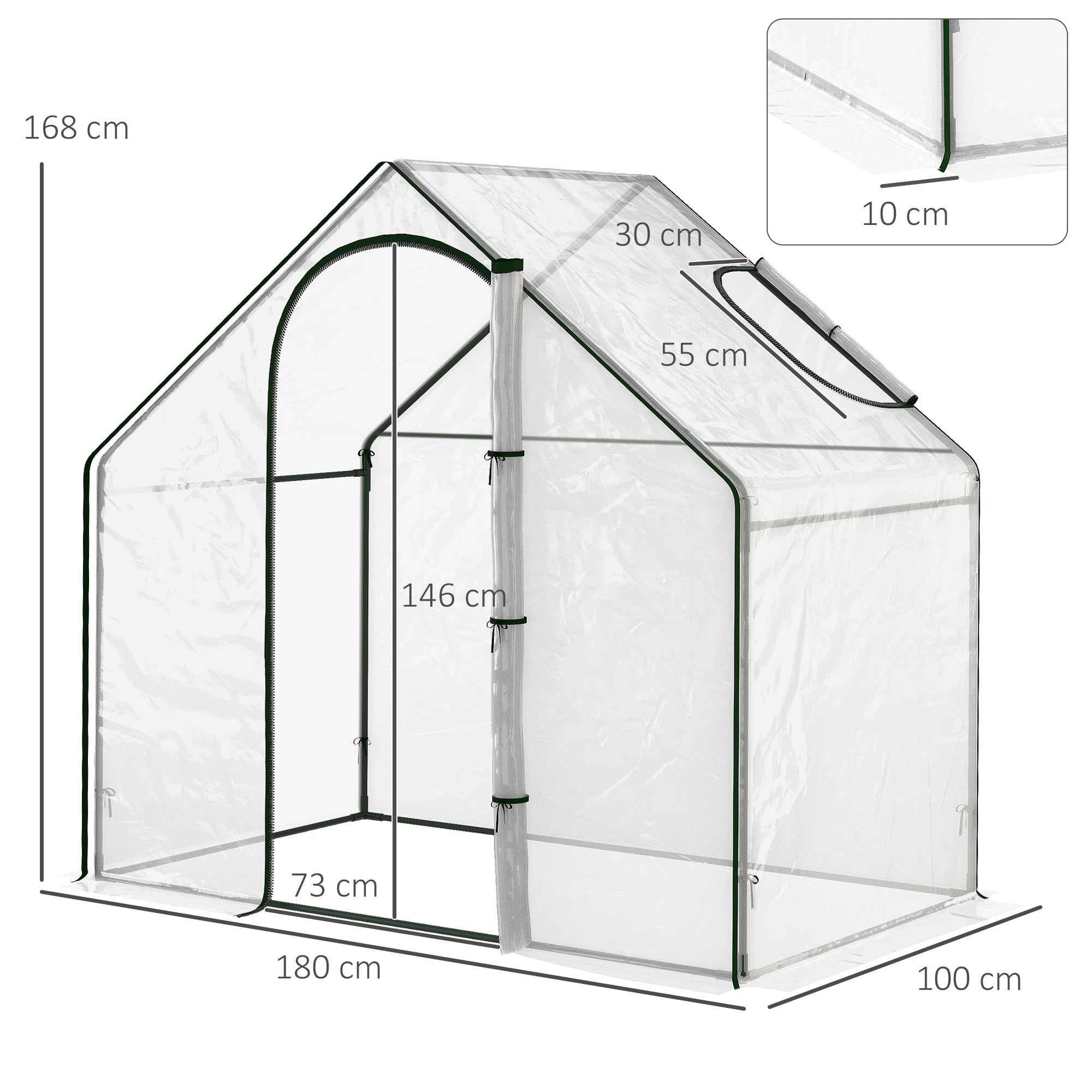Walk In PVC Greenhouse, Zipped Door & Window, 180 x 100 x 168CM, White