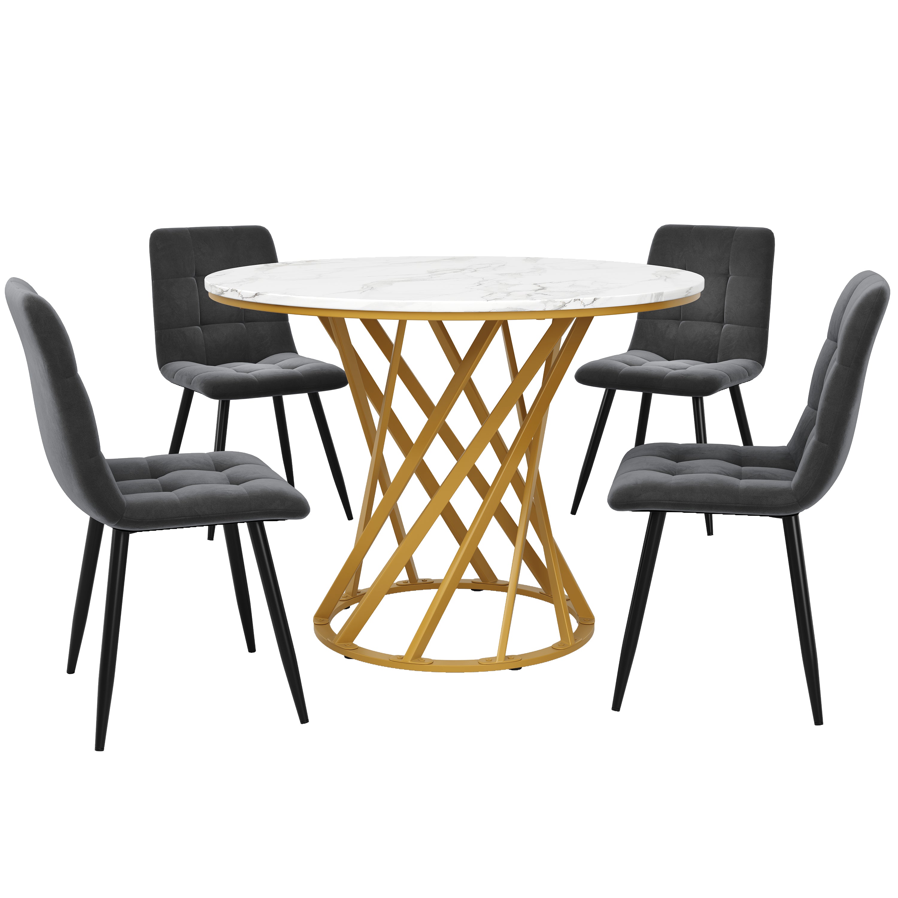 5-Piece Dining Set, Round 80cm Kitchen Table Gold Metal Legs, Dark Grey Velvet / White MDF