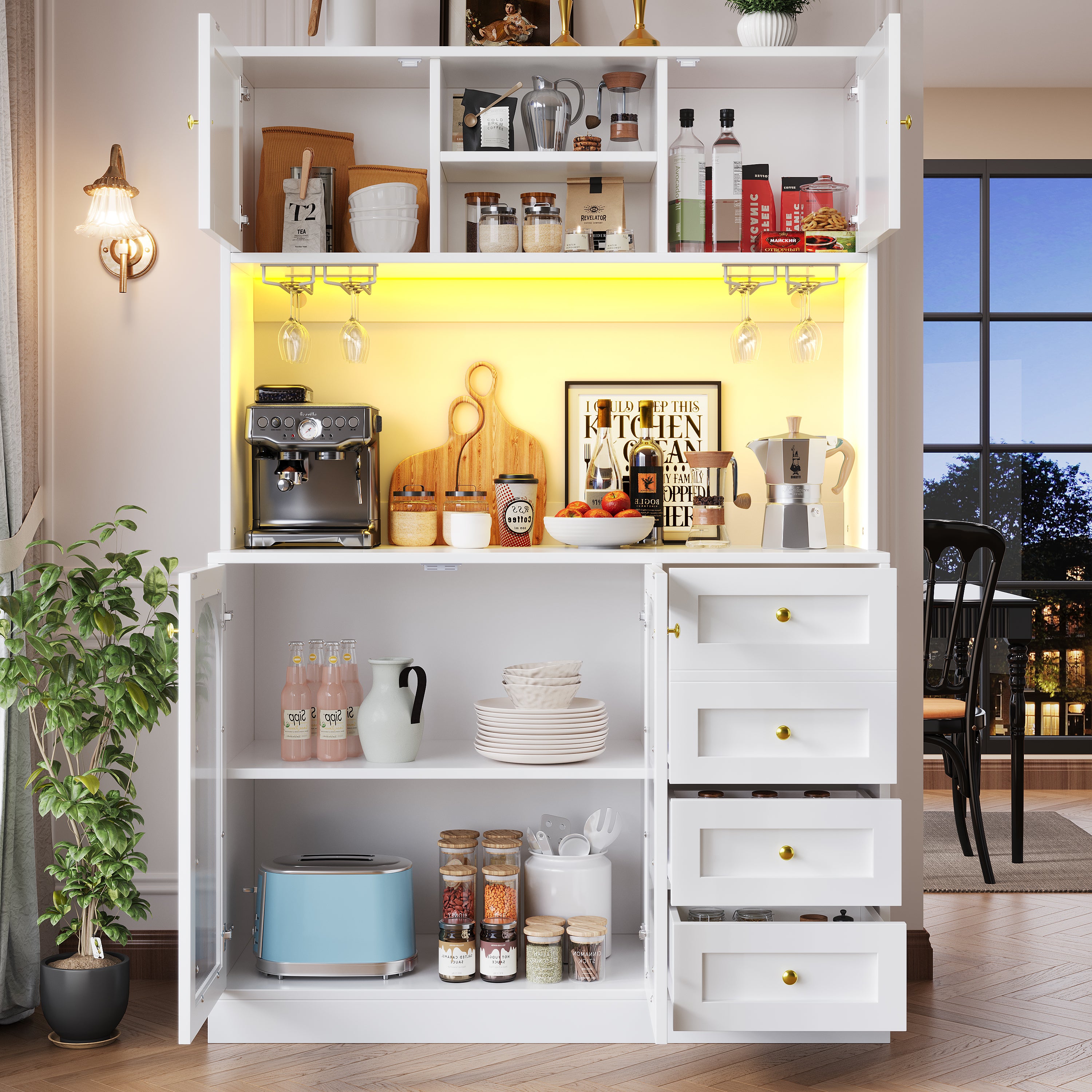 Sideboard Buffet Cabinet with LED Lighting and Fluted Glass Doors, Black and White