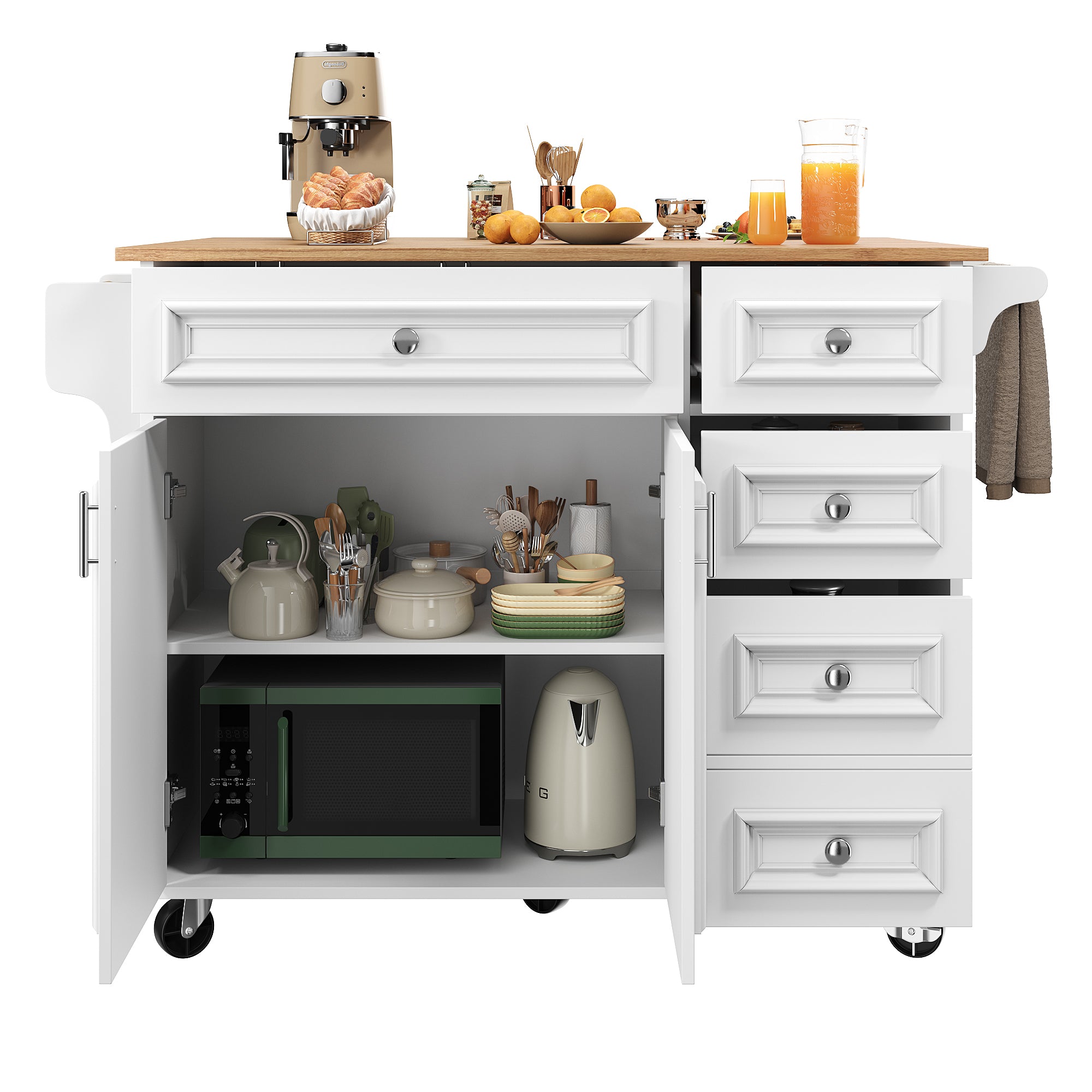 Kitchen Island Multifunctional Dining Table Removable Trolley Storage - White