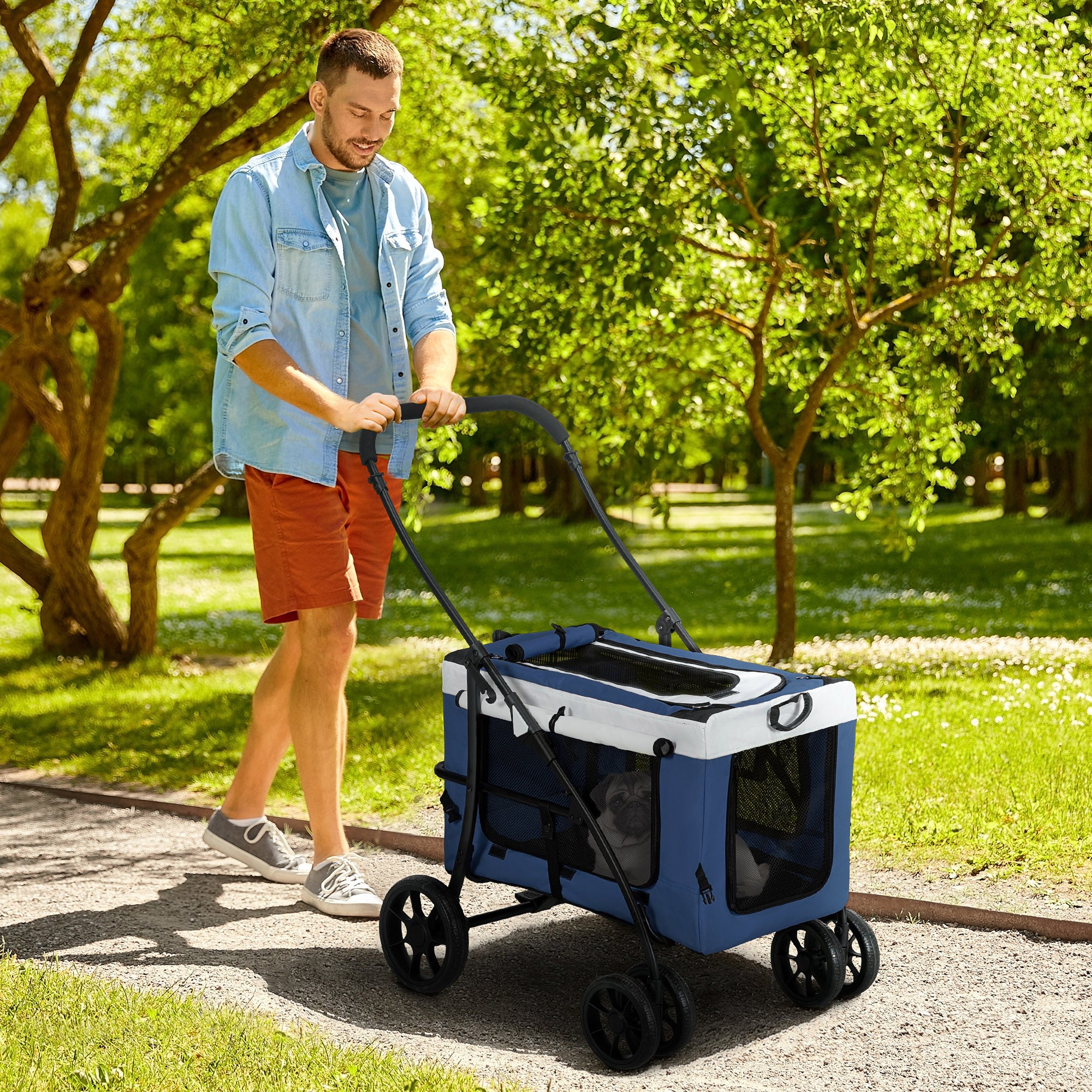 2-in-1 Dog Stroller, Foldable with Removable Basket, Blue
