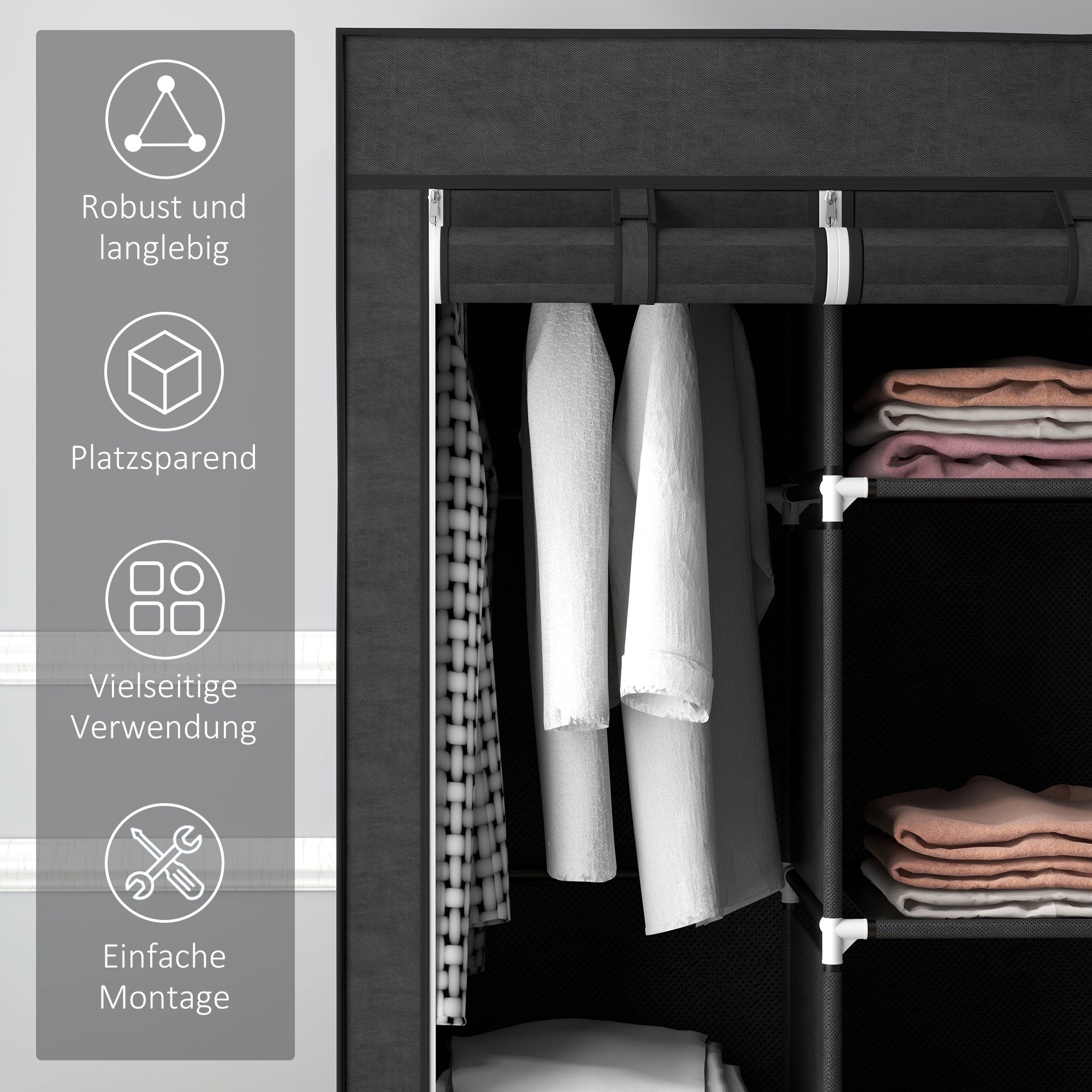 Fabric Wardrobe, Clothes Rail 8 Levels, Space-Saving, Black