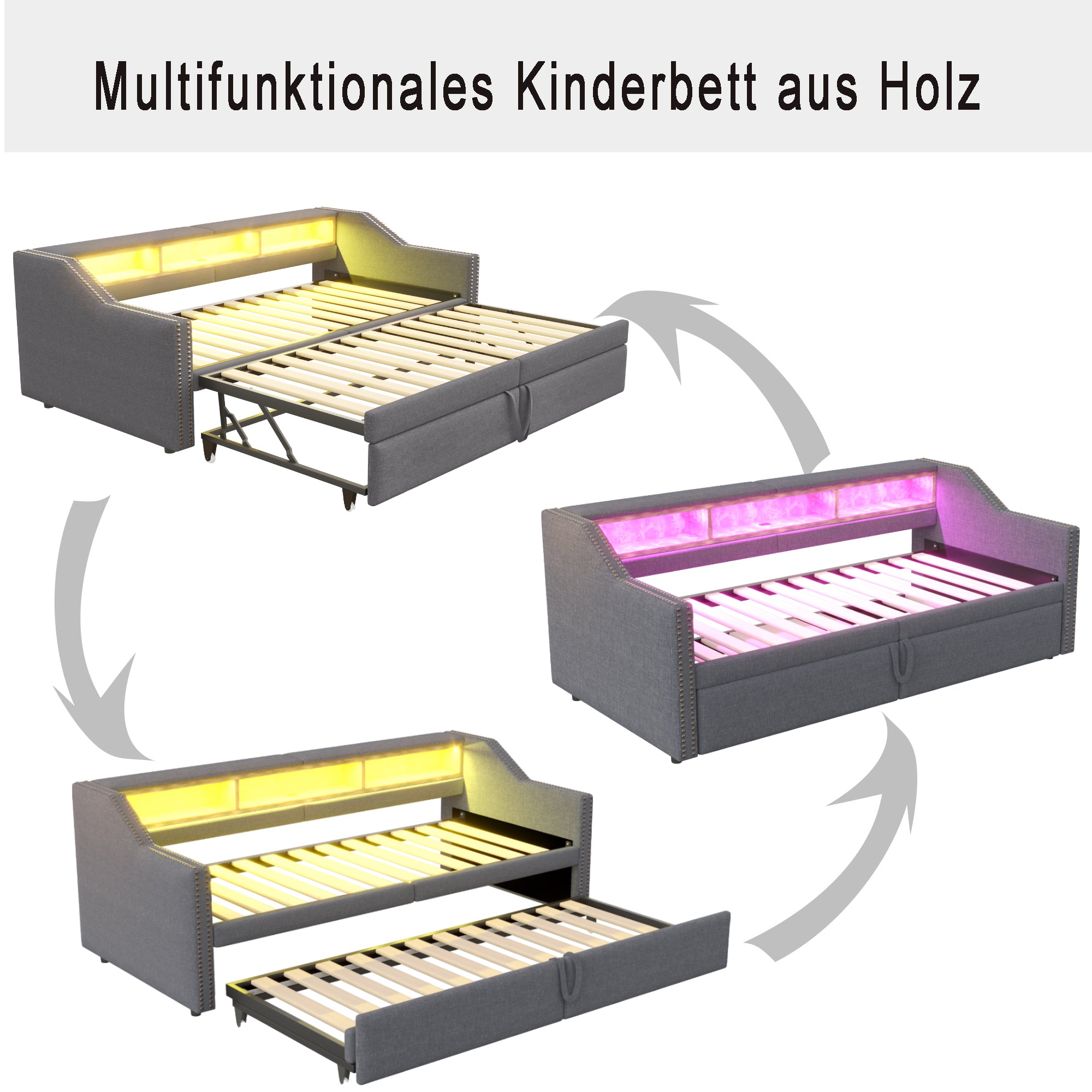 Upholstered Bed, Pull-Out Sofa Bed with Storage, LED Light, USB Port, Slatted Frame, Dark Grey