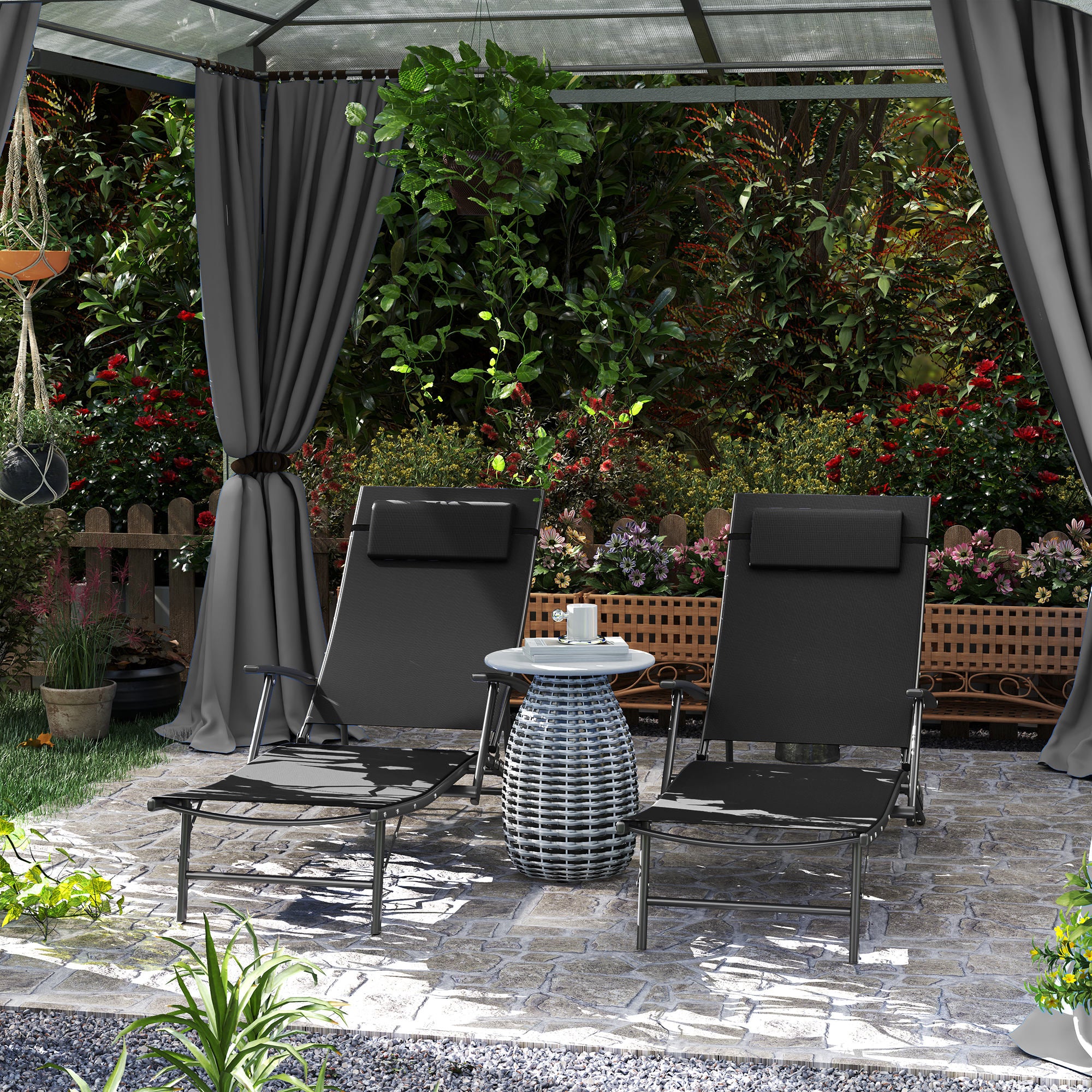 Set of Two Sun Loungers Adjustable Back Black