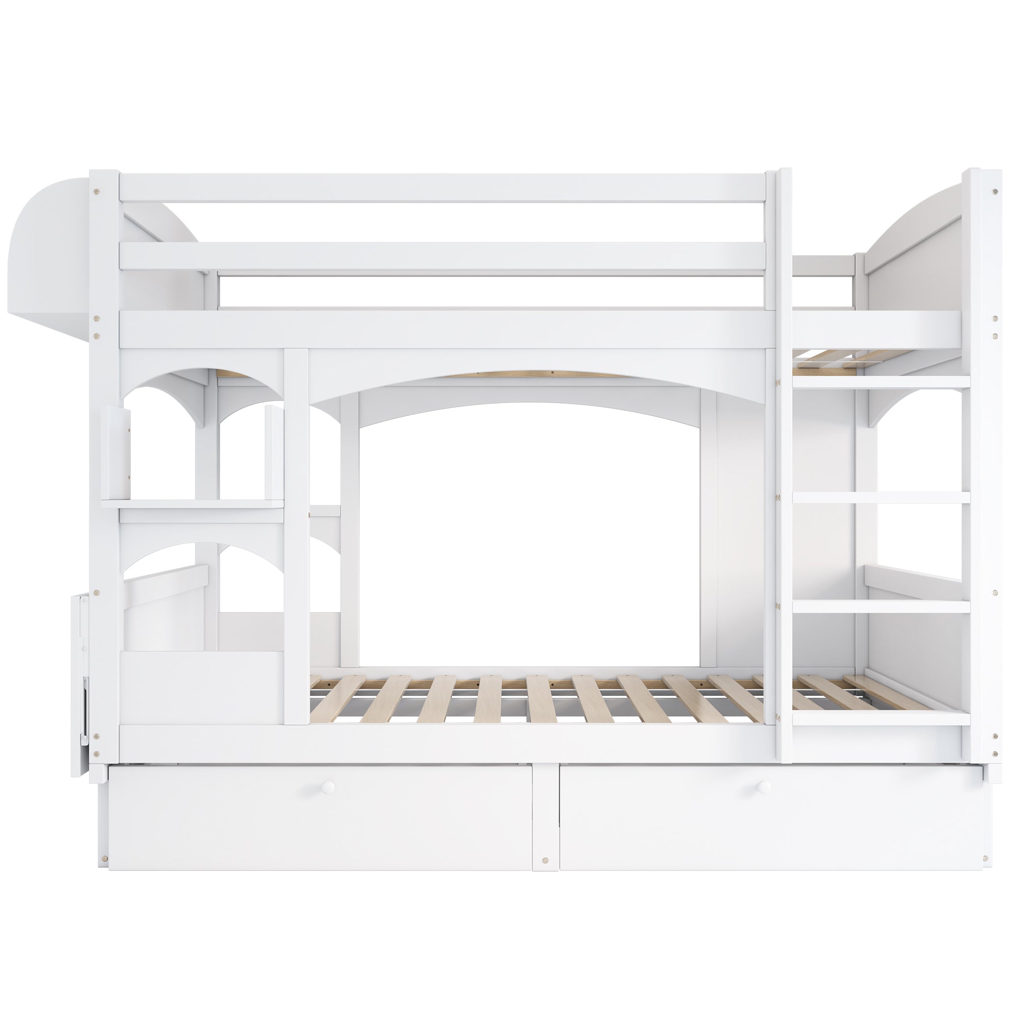 Children's Bunk Bed Multifunctional Double Bed with Desk, Shelf, 2 Drawers, Solid Wood White