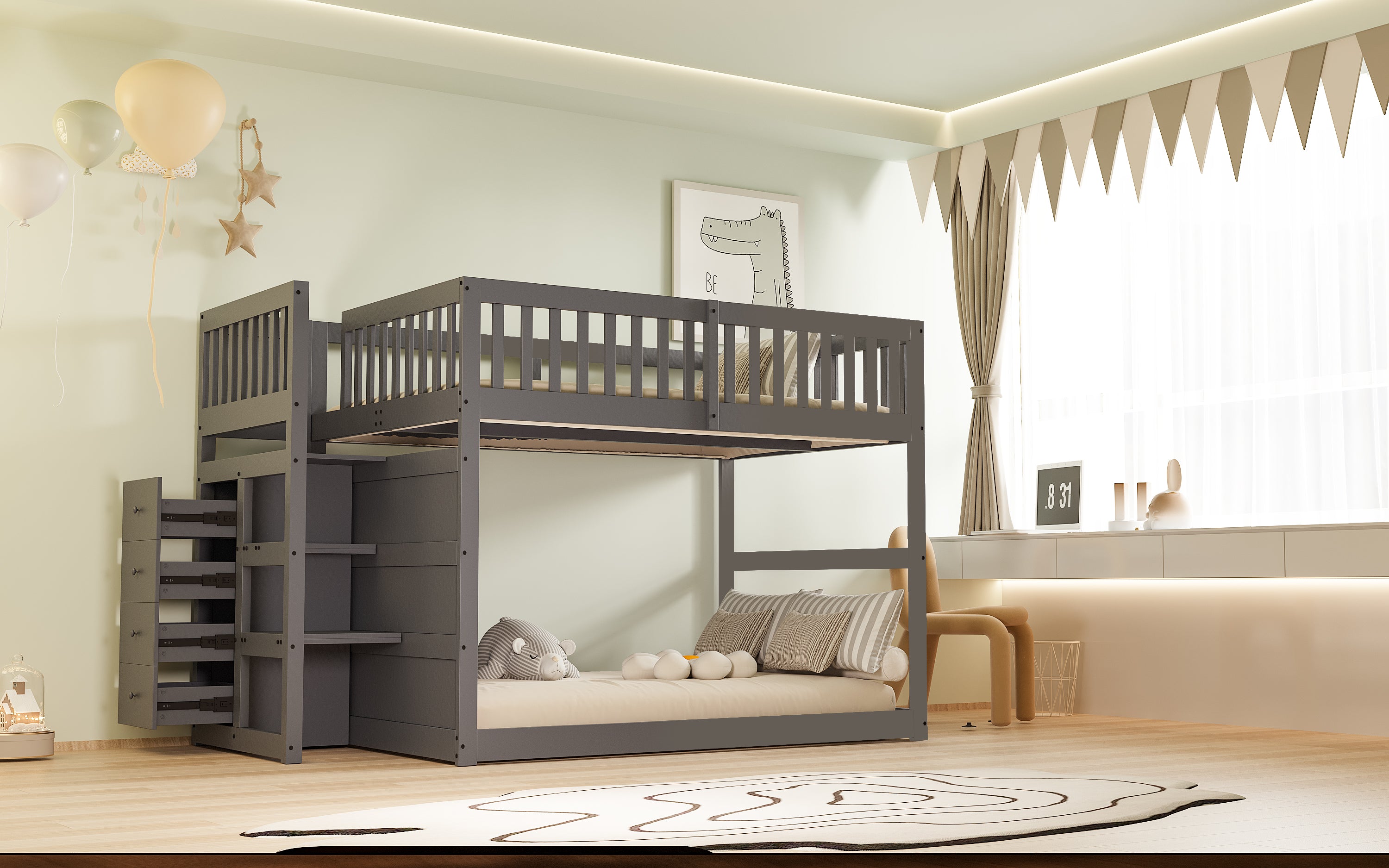 Low Bunk Bed, 140x200cm Safety with Storage, Wooden, Grey
