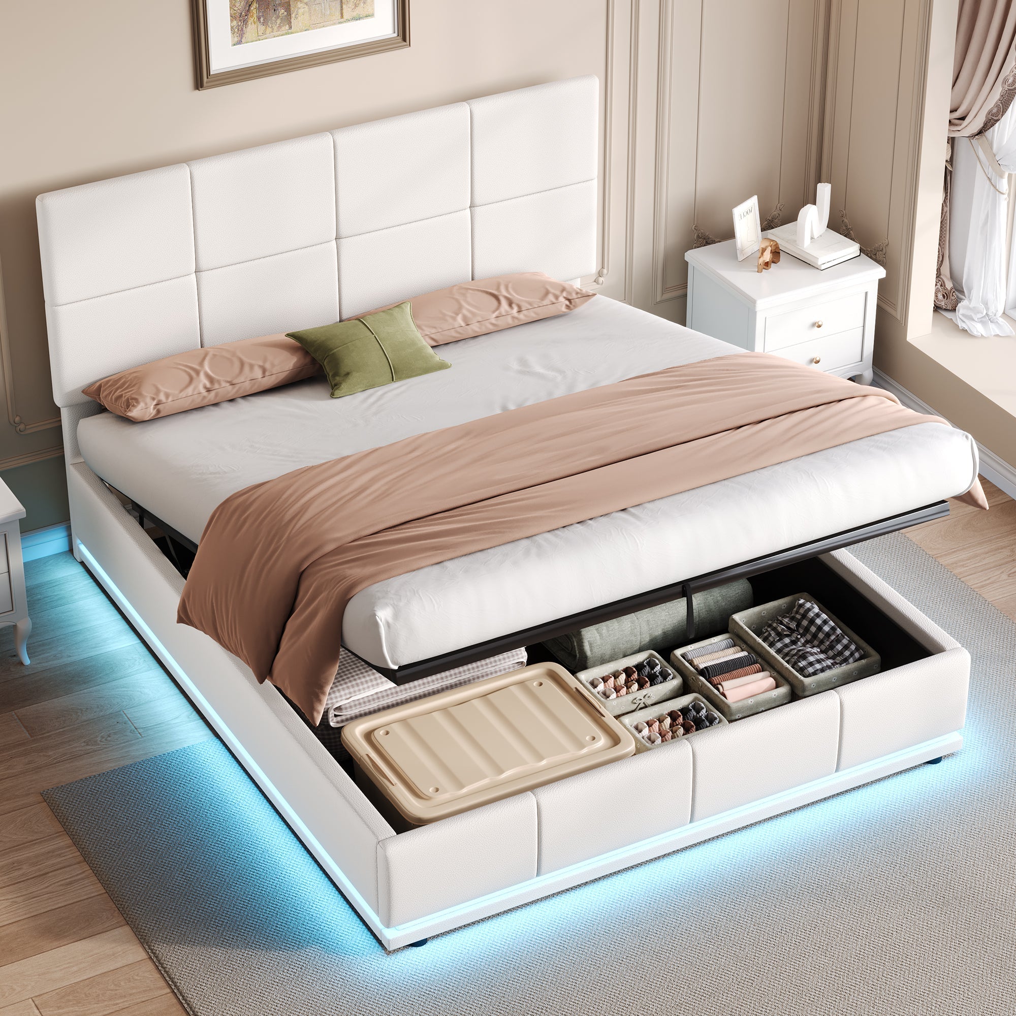 Ottoman Double Bed with LED Lighting, Hydraulic Storage, Adjustable Square Tufted Headboard, Cream White PU Leather (No Mattress)