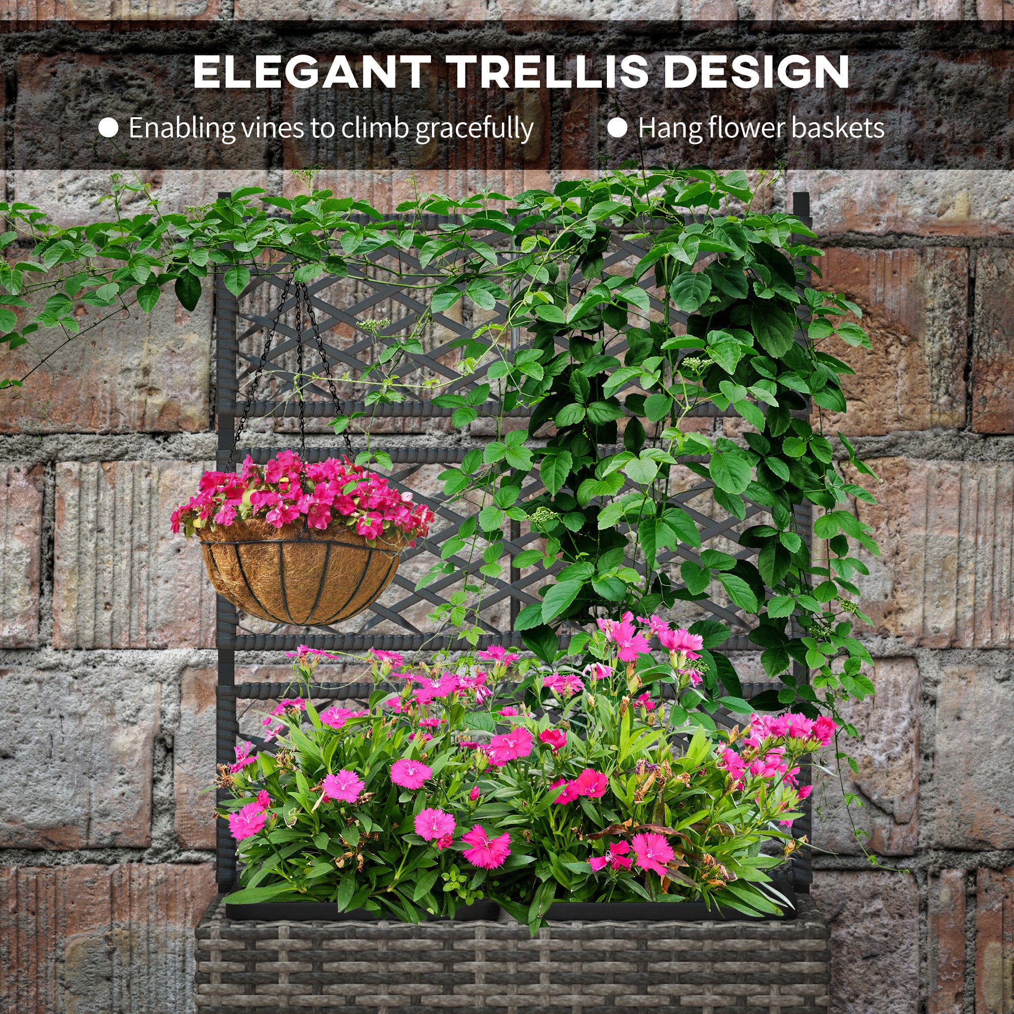 22 L Rattan Planter with Trellis Freestanding Raised Beds Two Plant Boxes Outdoor Mixed Grey