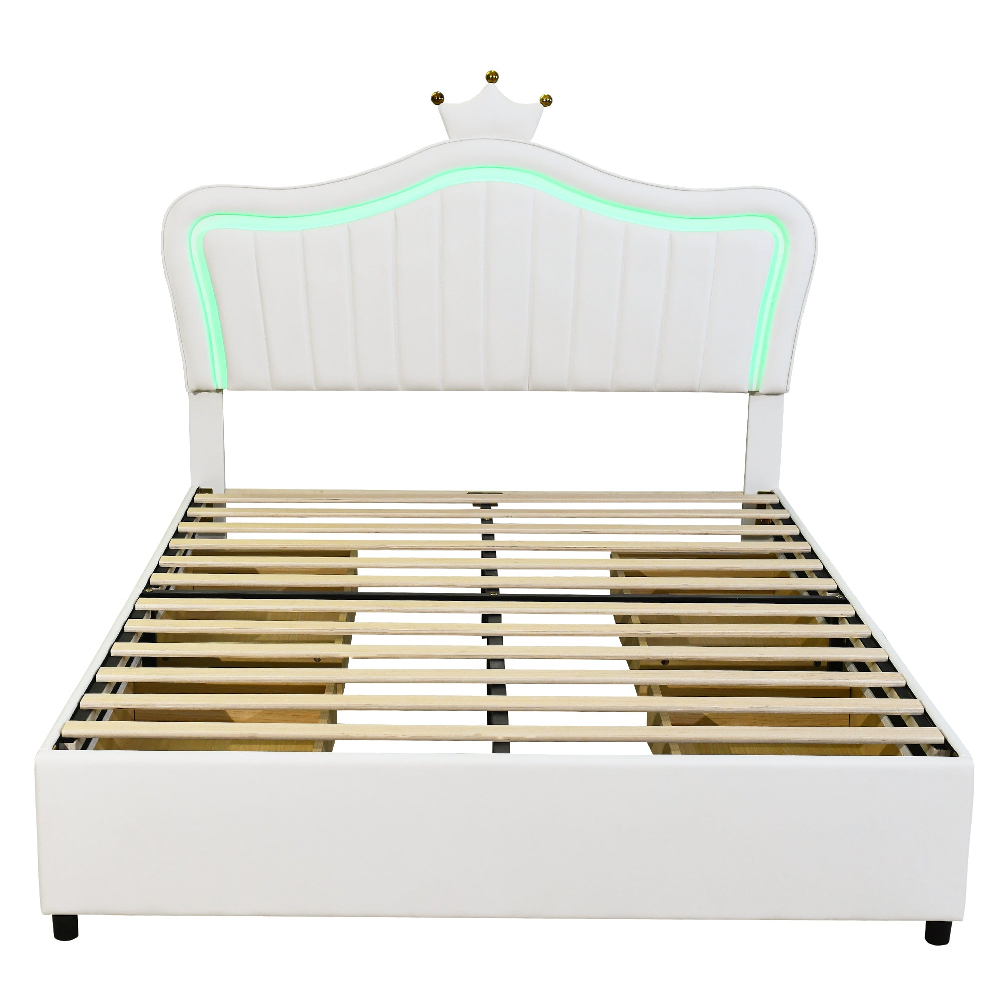 Children's Bed Upholstered with Storage Drawers & LED Lights, White PU Leather