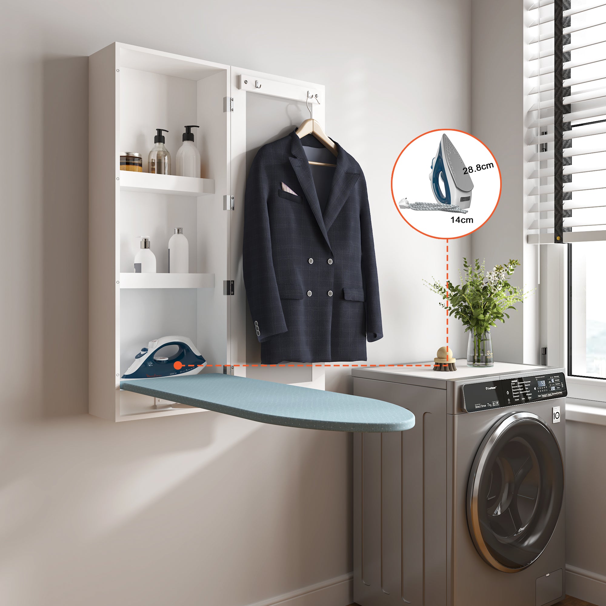 Wall Mounted Ironing Board, Cabinet with Folding Frame & Mirror, for Small Spaces