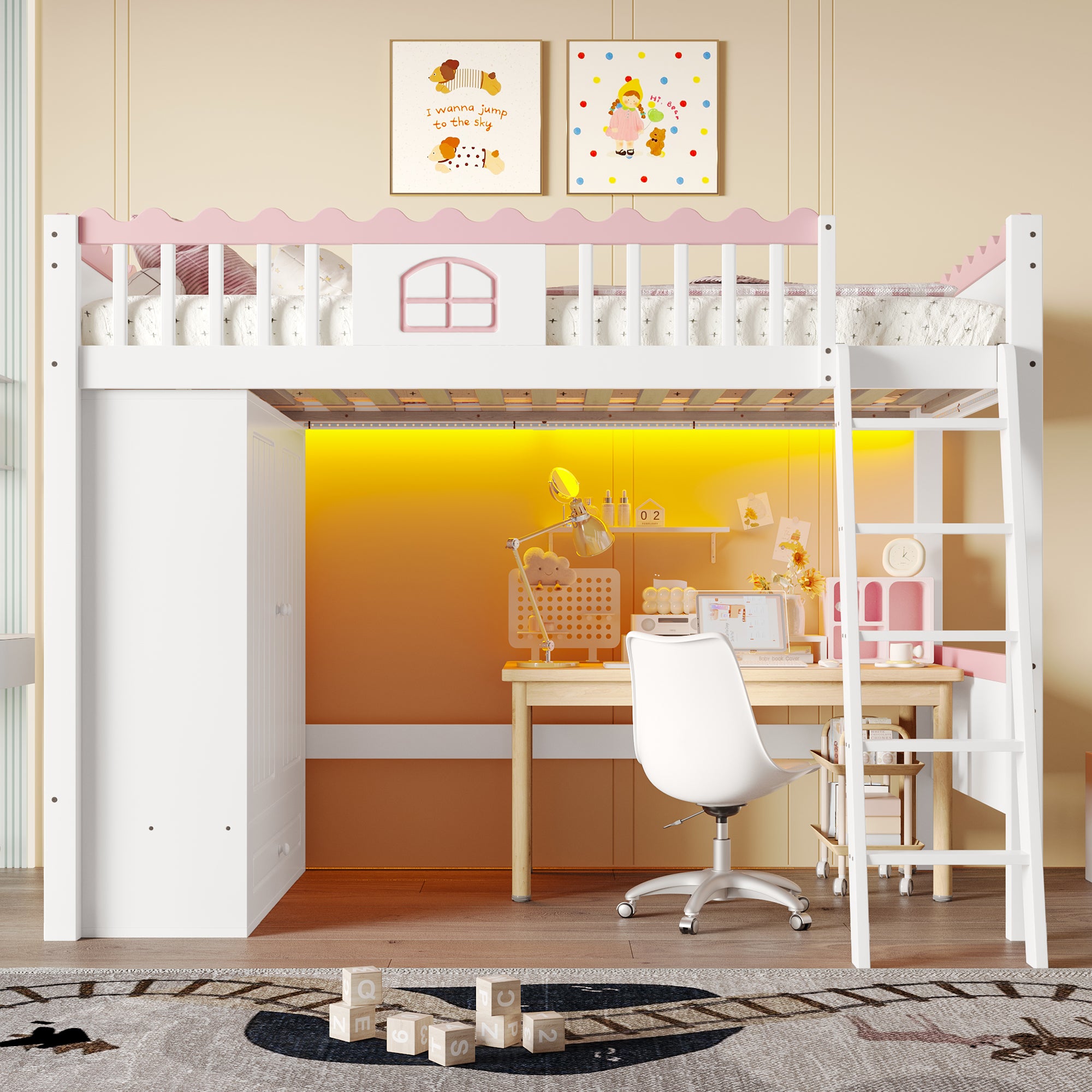 Bunk Bed Single Children's with LED Lights, Wardrobe, Storage Drawer, 90x200cm, Pine Wood White