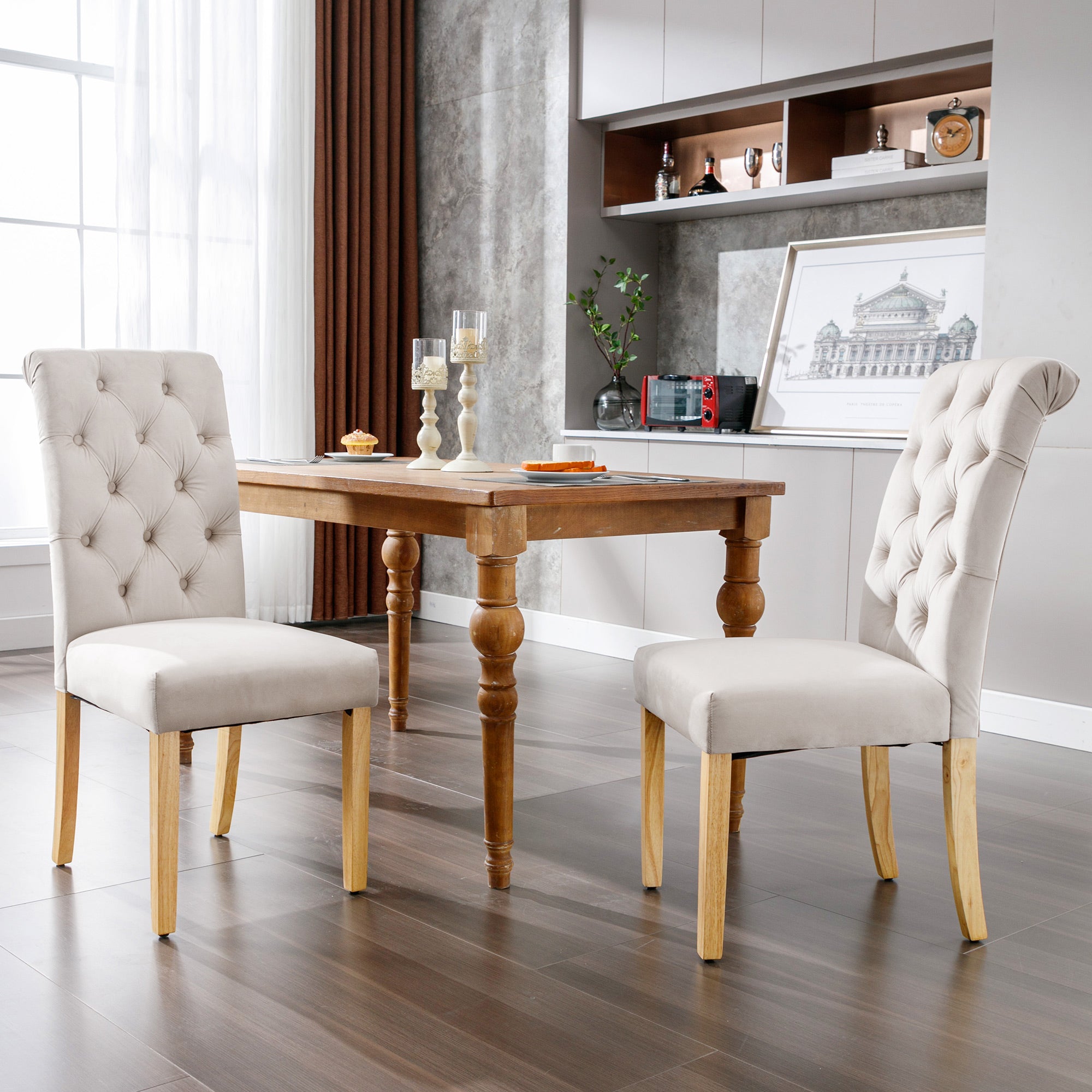 Velvet Dining Chairs Set of 6 with Oak Legs and Chrome Knockers, Beige