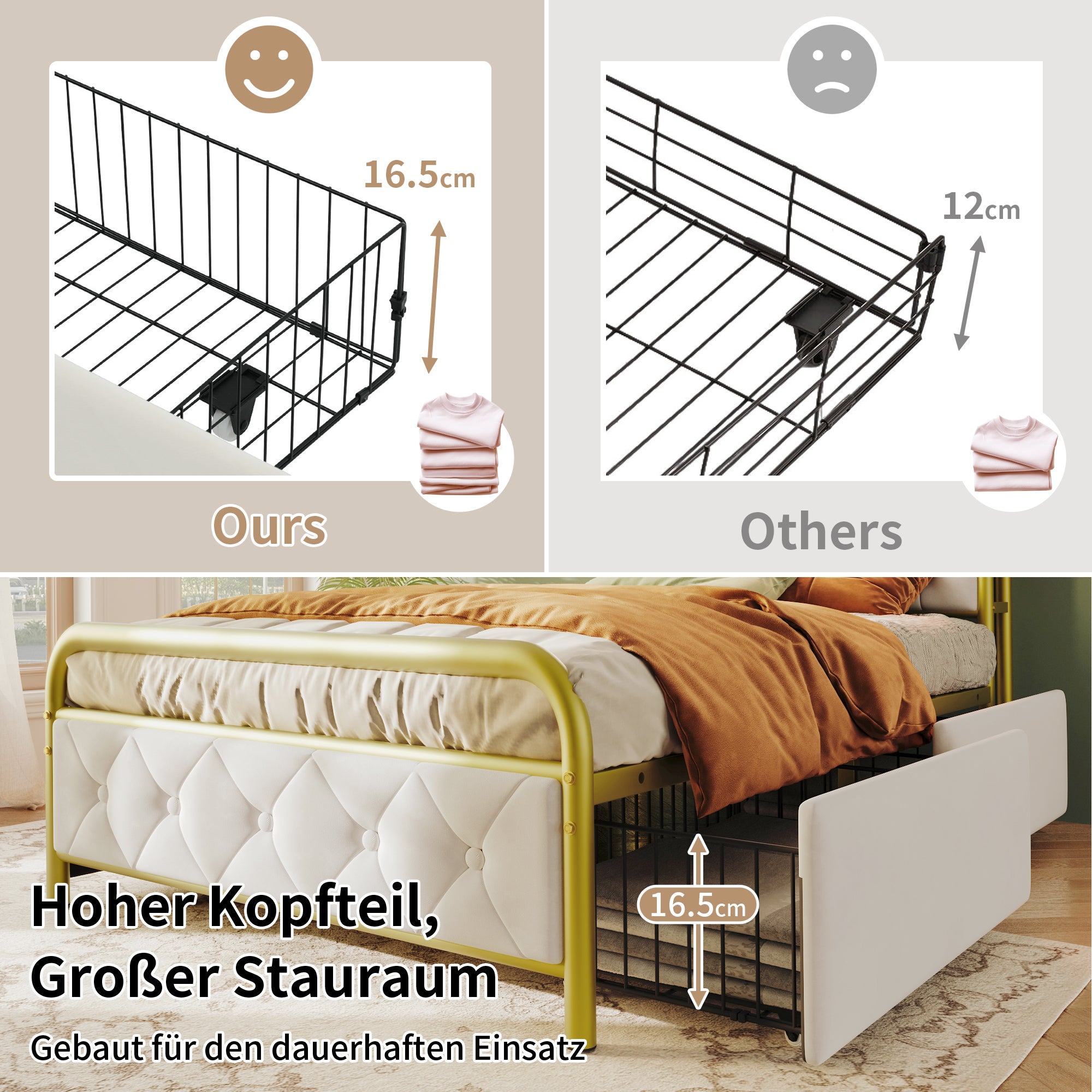 Upholstered Single Bed with USB-C Charging, LED & 2 Drawers, Velvet