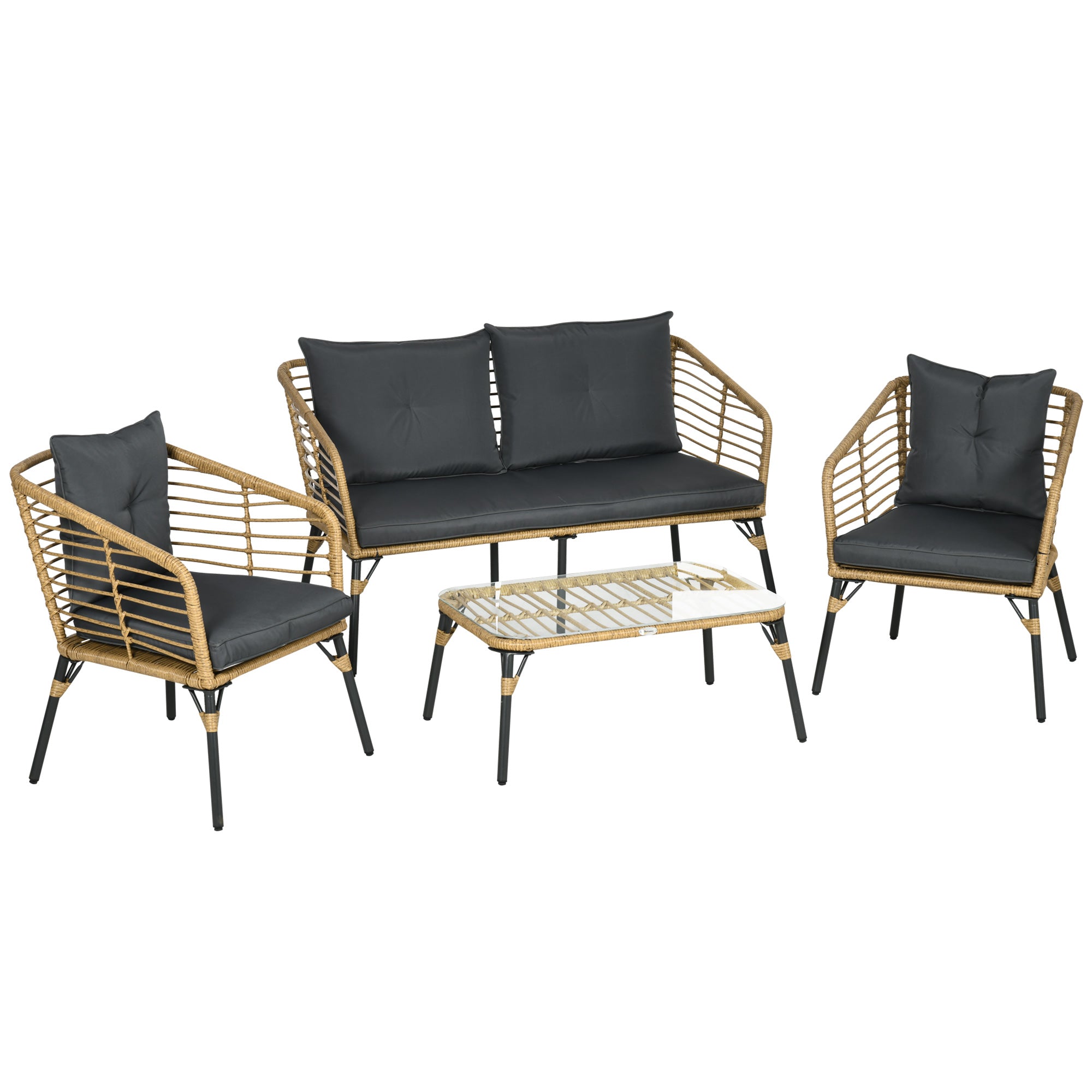 Garden Furniture Set 4-Piece Rattan 3 Armchairs Coffee Table Sand/Dark Grey