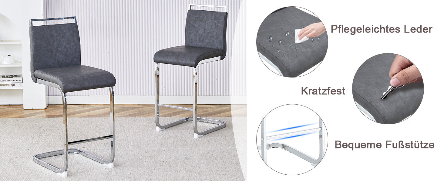 Bar Stools, High-Quality Nordic Style Set of 2, Grey PU