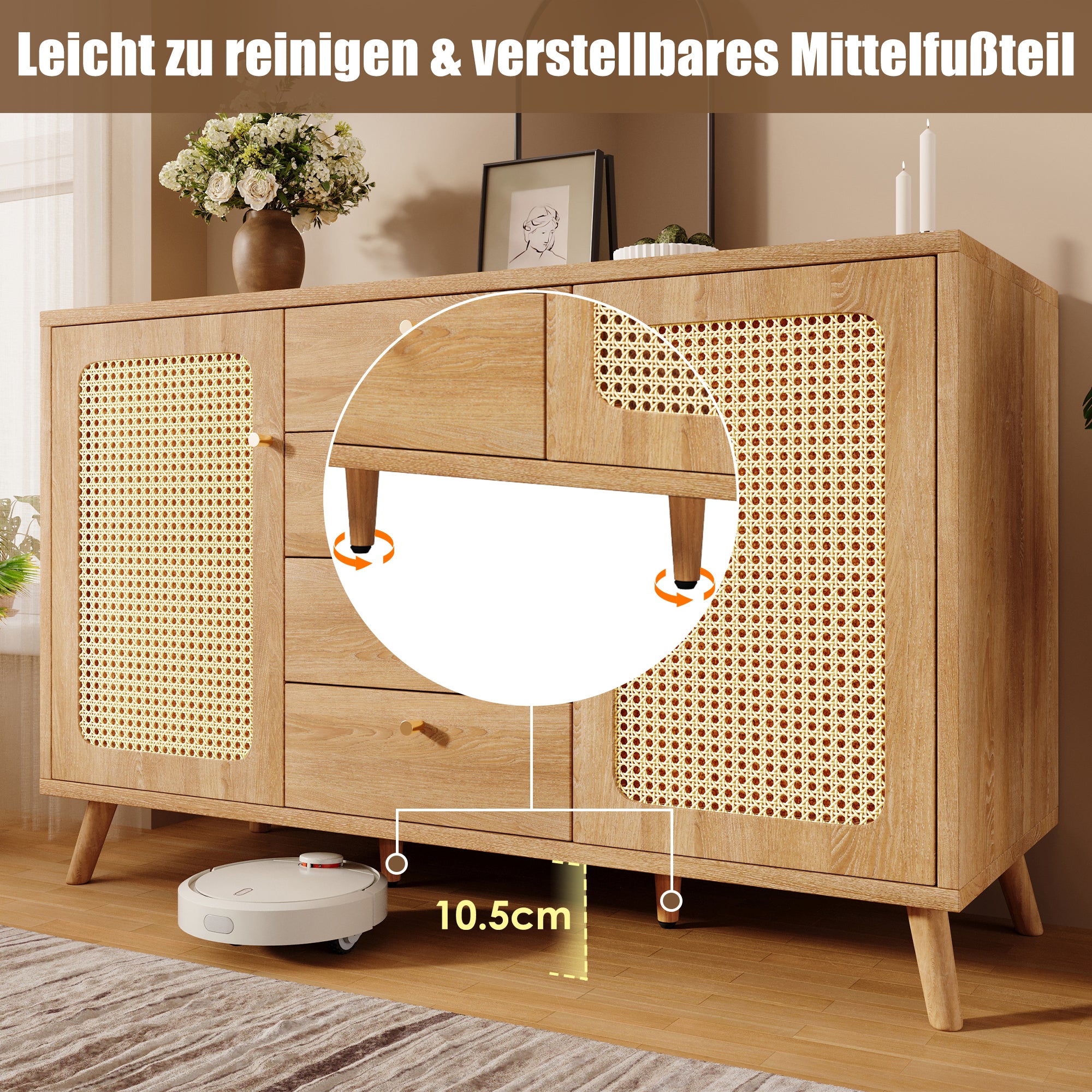 Sideboard Rattan Look Storage Cabinet 4 Drawers 2 Doors - Light Oak