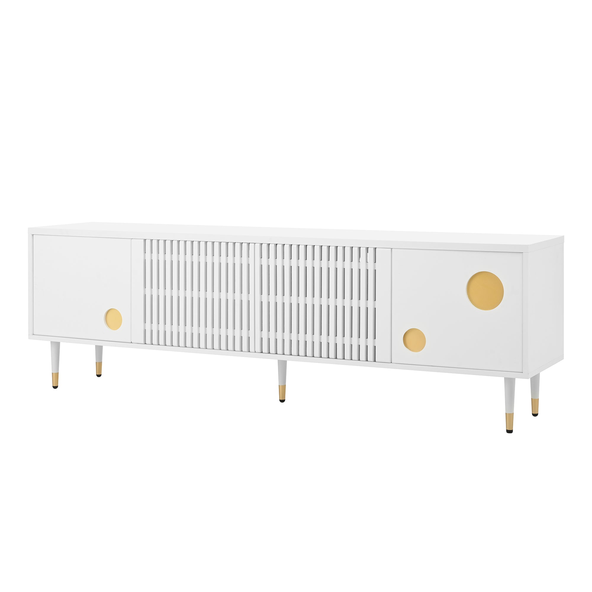 TV Cabinet, Lattice & Hidden Handles, Solid Wood Doors, Gold Decor