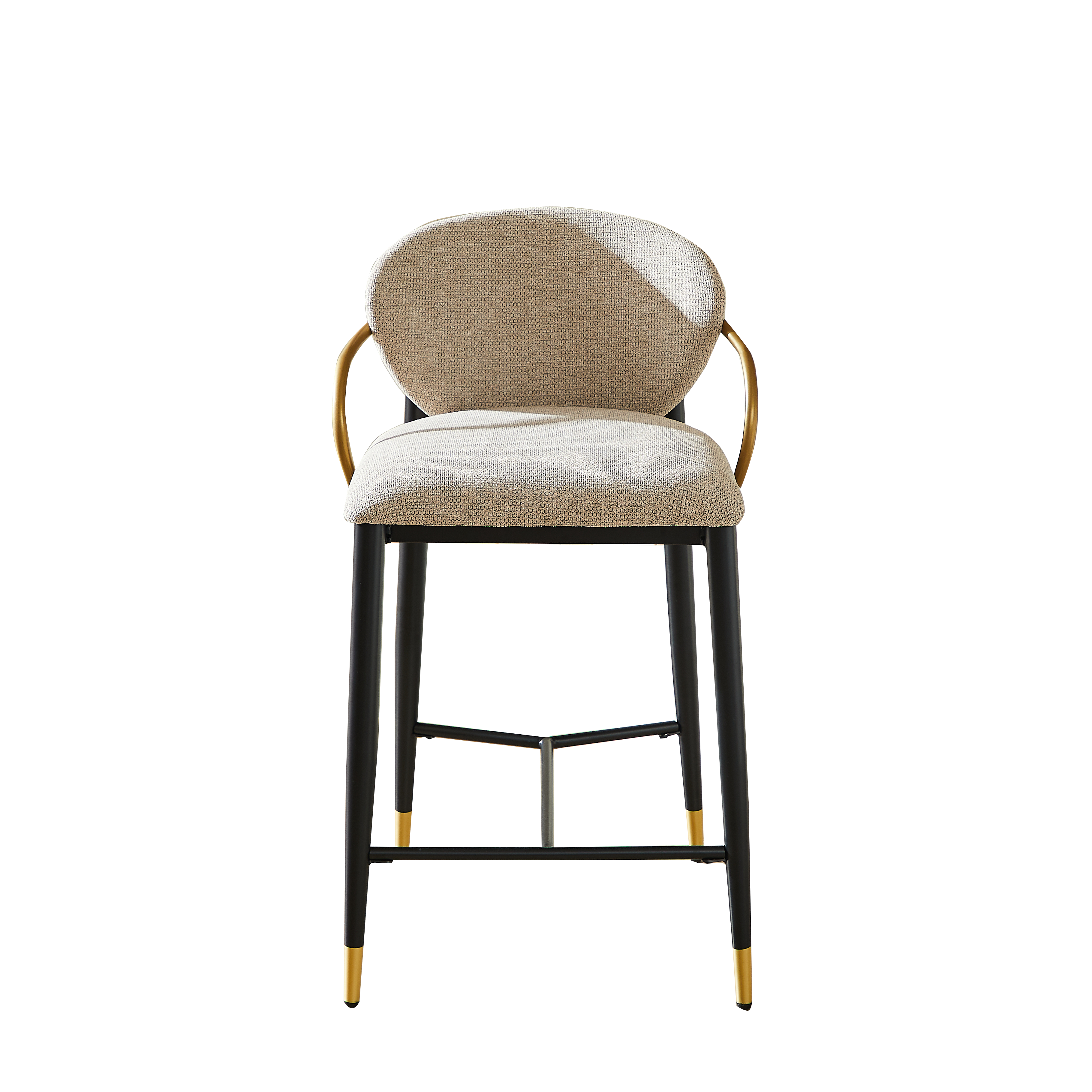 Set of 2 Bar Stools Adjustable Height Backrest Footrest - Chenille Light Brown/Black Gold