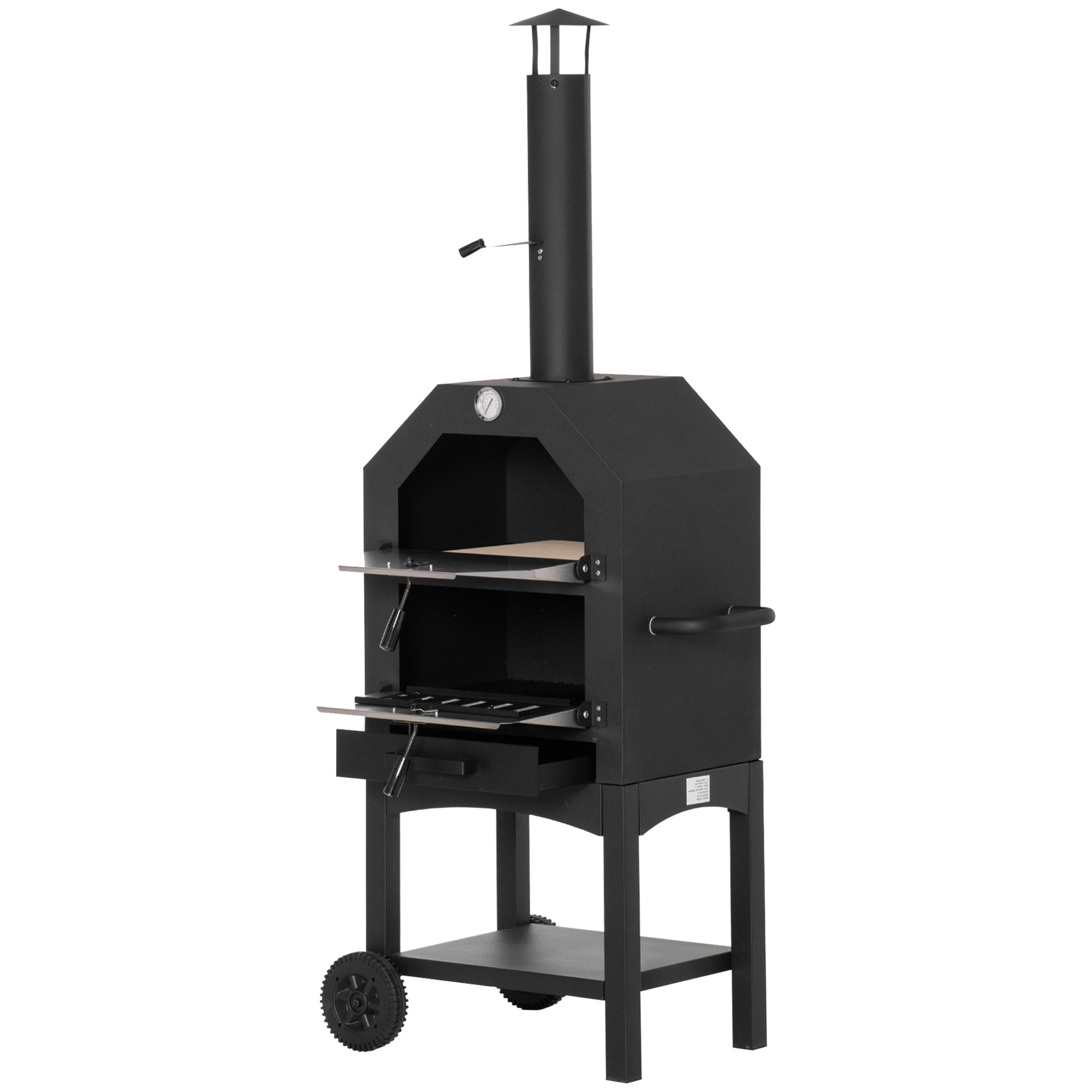 Outdoor Garden Pizza Oven Charcoal BBQ Grill 3-Tier Freestanding w/ Wheels Stainless Steel