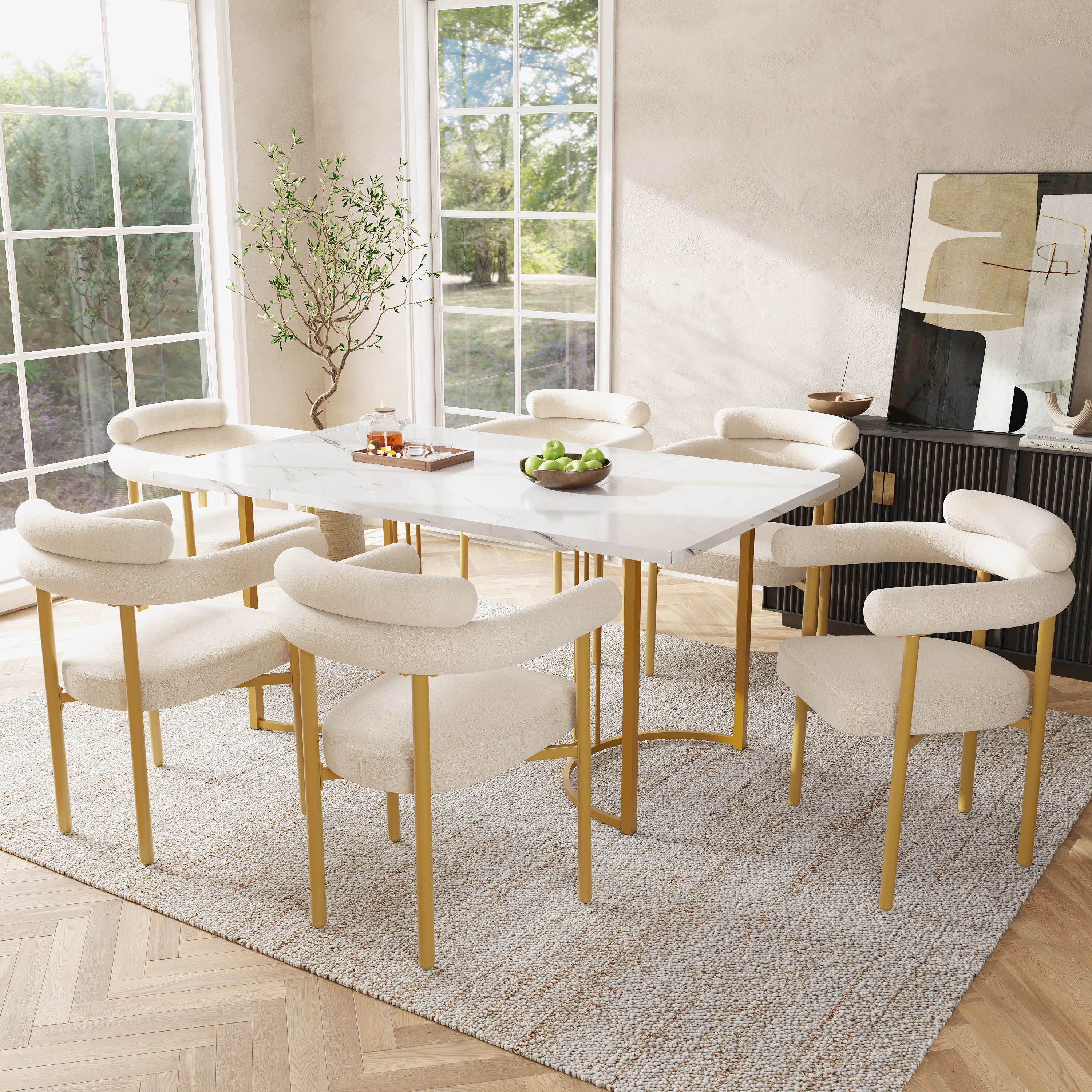 Dining Chairs (Set of 6), Modern Suede Comfortable Ring Seats, Gold-Colored Legs, Beige