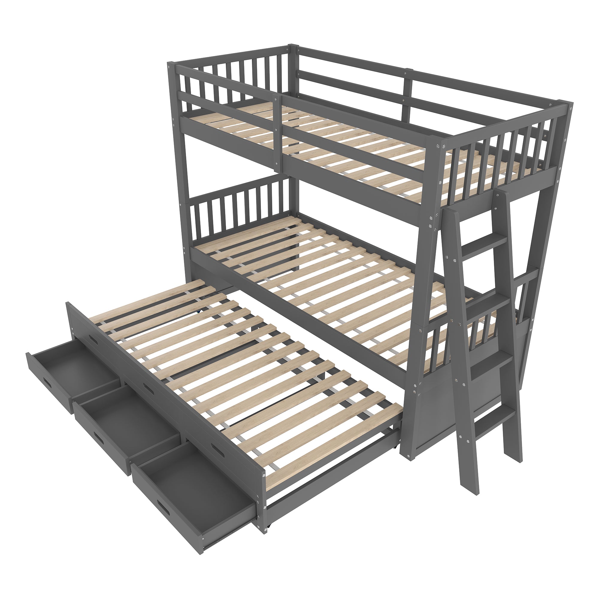 Bunk Bed 90x200cm House with Pull-Out Bed, Ladder & 3 Drawers, Pine Wood/MDF Grey