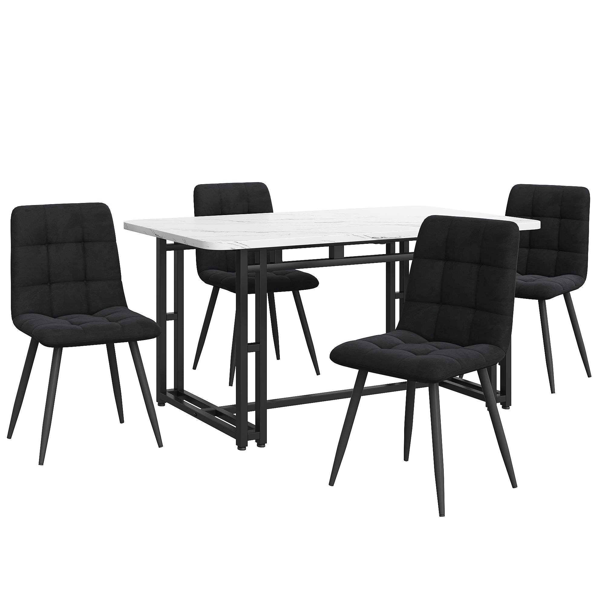 Dining Table Set, 140x80cm with 4 Chairs, Black Velvet & Iron