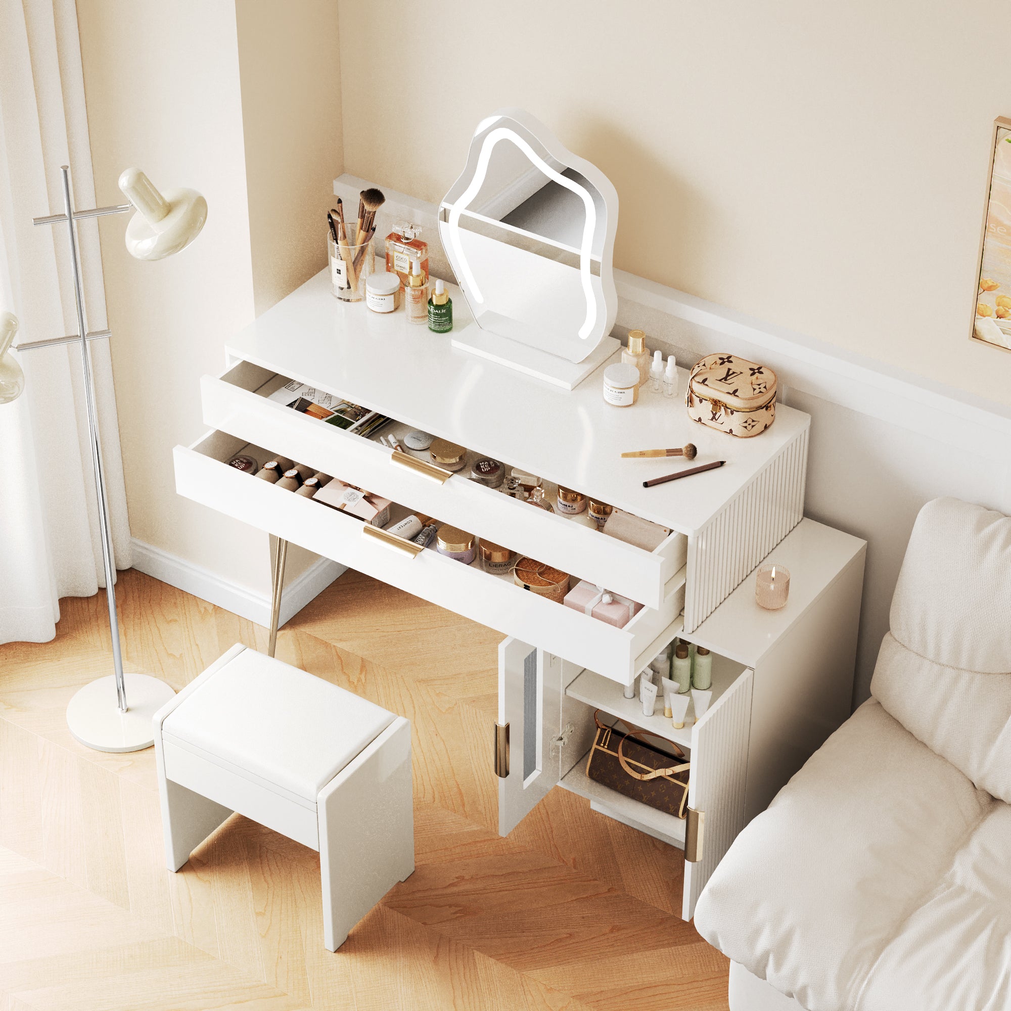 Dressing table with LED-lit mirror, extendable design, white