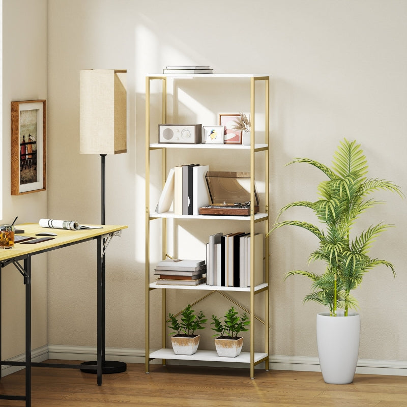 5-Tier Bookshelf Modern Bookcase with Metal Frame, White and Gold Tone