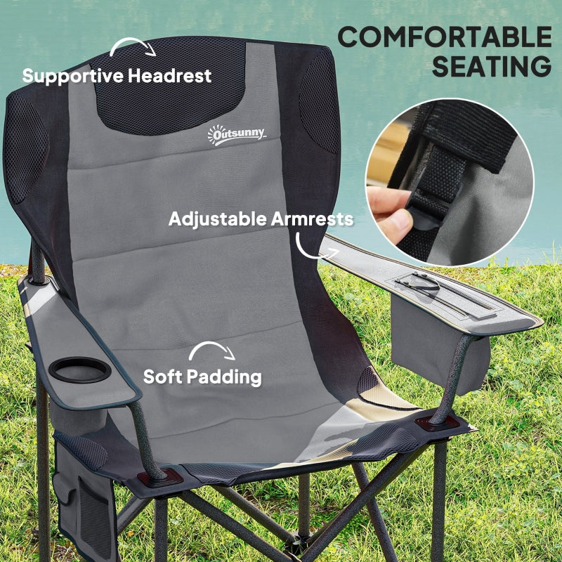 Set of 2 Folding Camping Chairs, Padded Adjustable Armrests Cooler Bag Cup Holder, Grey