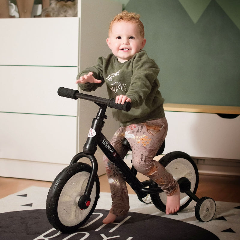 Children's Balance Bike with Training Wheels, Pedals and Adjustable Seat, Black