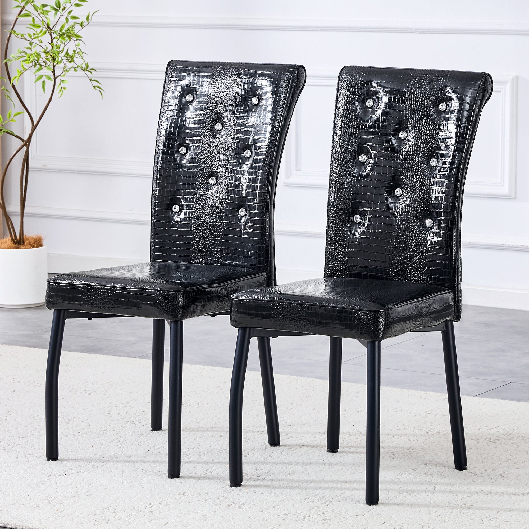 2 Dining Chairs Vintage Crocodile Faux Leather Crystal Clasp - Black