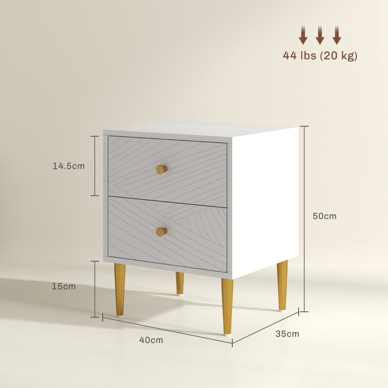 Elegant Bedside Table Two-Drawer White/Gold-Tone