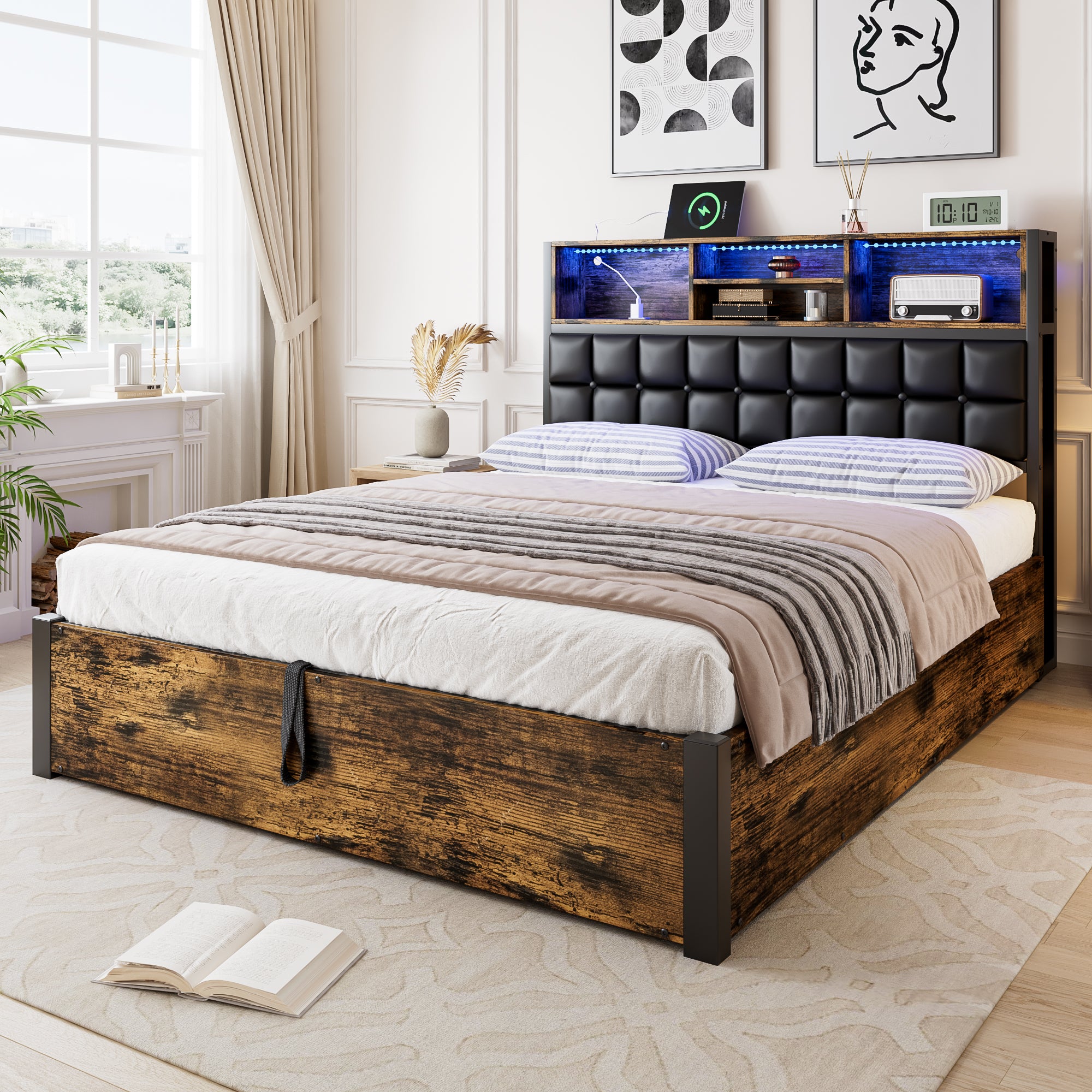 Hydraulic Bed with Charging Port, LED Light & Storage, 4ft6 Double, Black + Wood