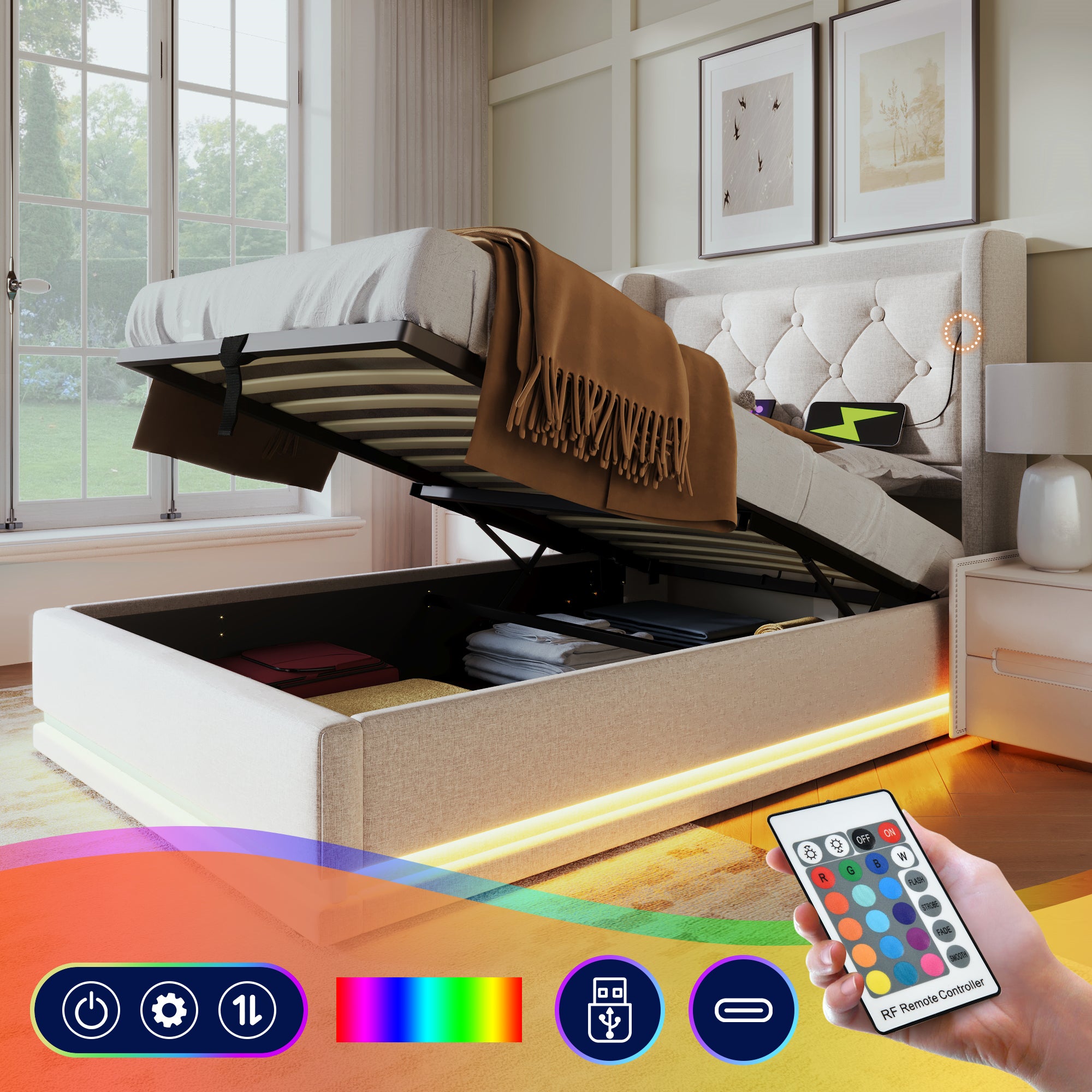 Upholstered Single Bed, 90x200cm Hydraulic Storage with USB & LED, Beige Cotton