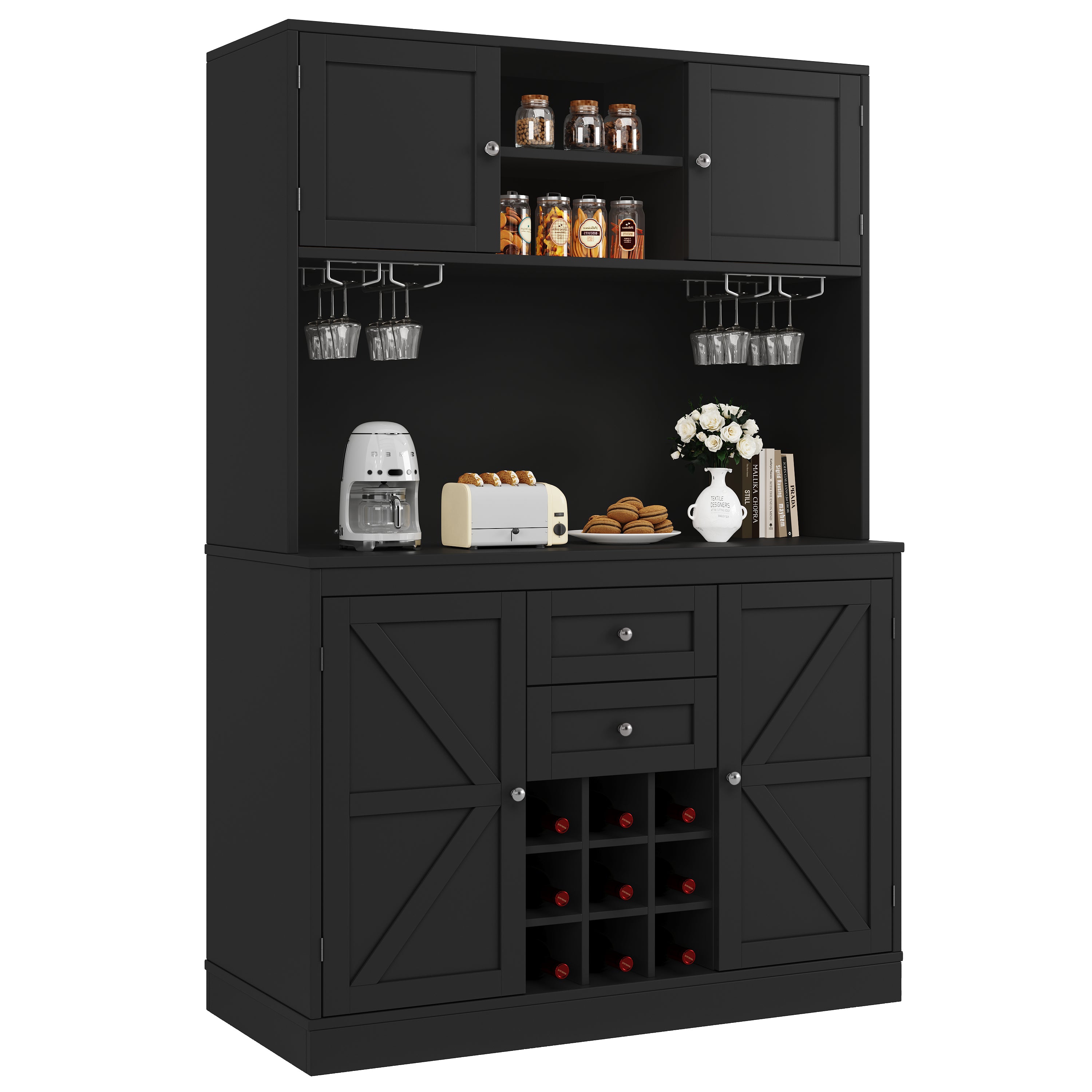 Tall Kitchen Buffet Cabinet with Adjustable Shelves, Wine Rack, 4 Doors & 2 Drawers - Black