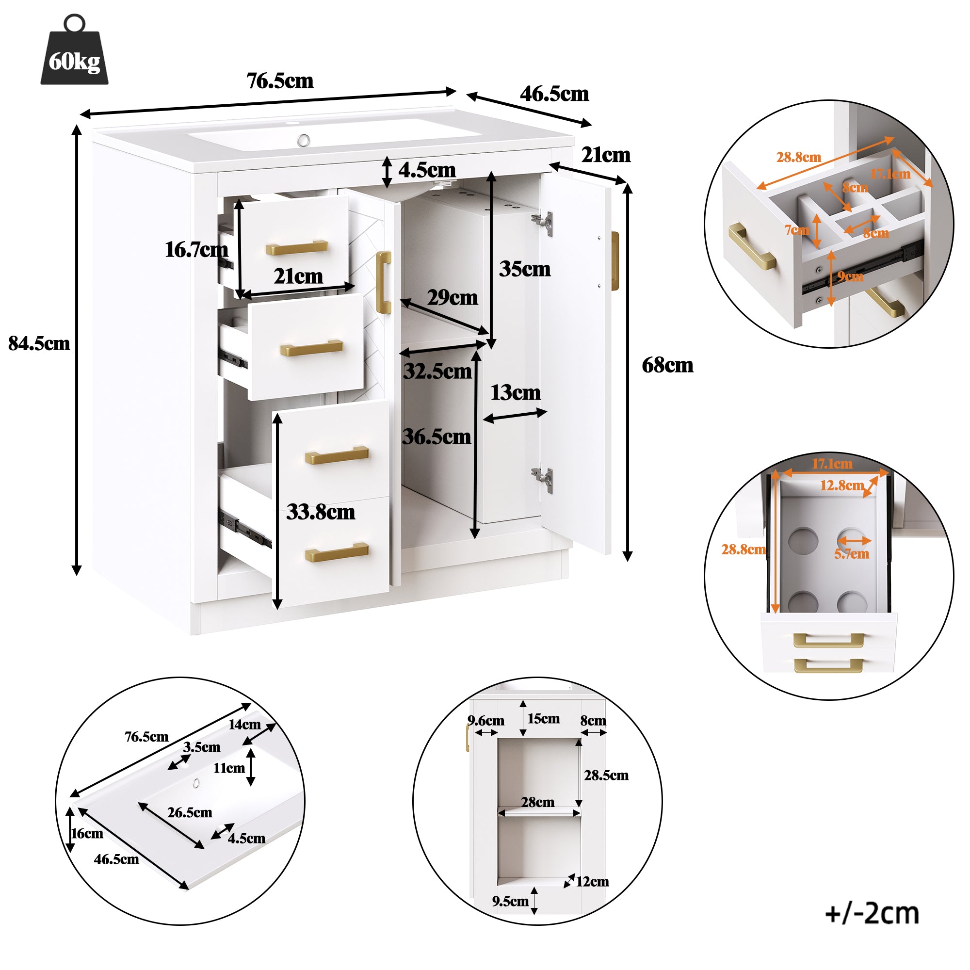 Bathroom Vanity Unit with Ceramic Sink and 3 Drawers, White