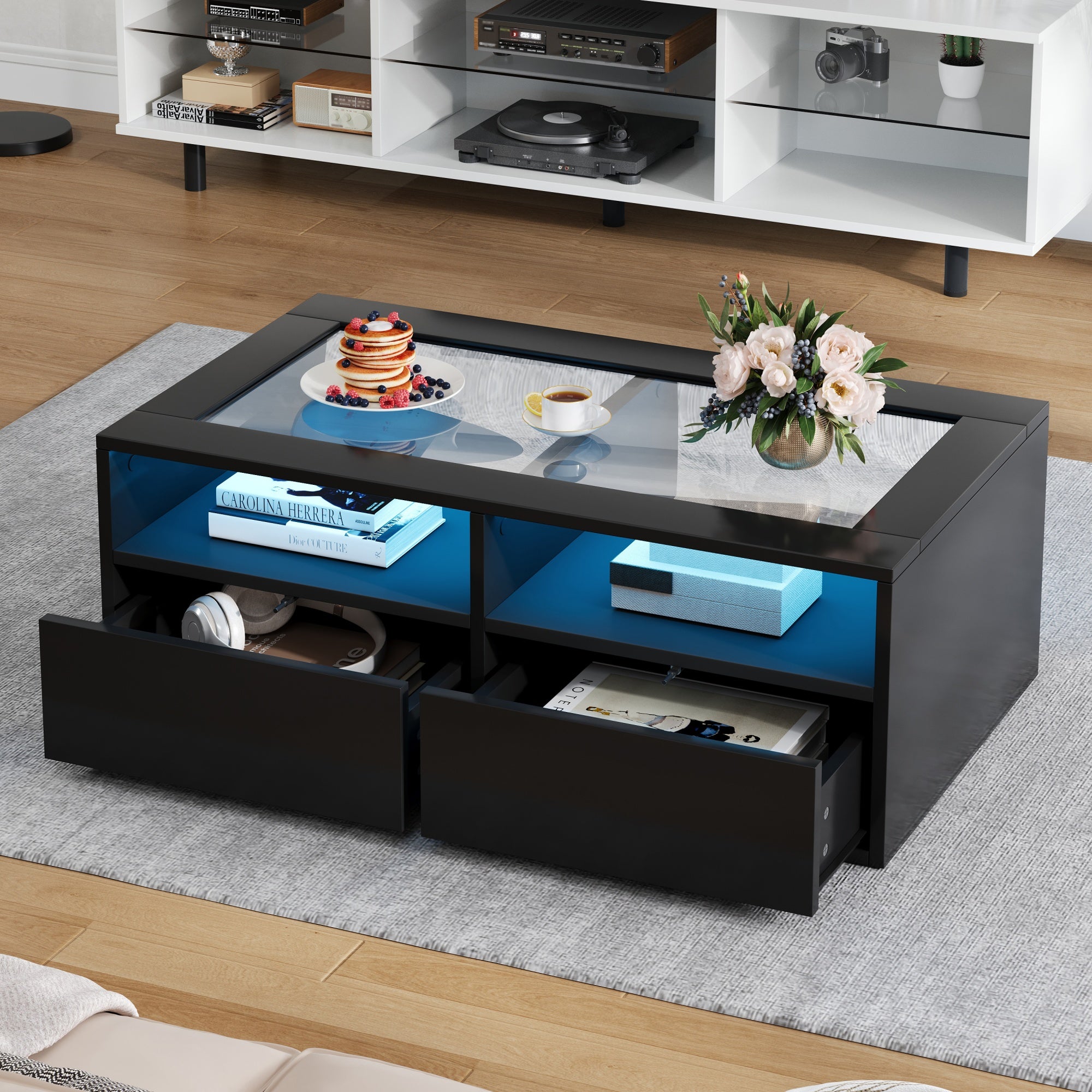Coffee Table 100x50x35cm LED Light 2 Drawers Glass Storage Black