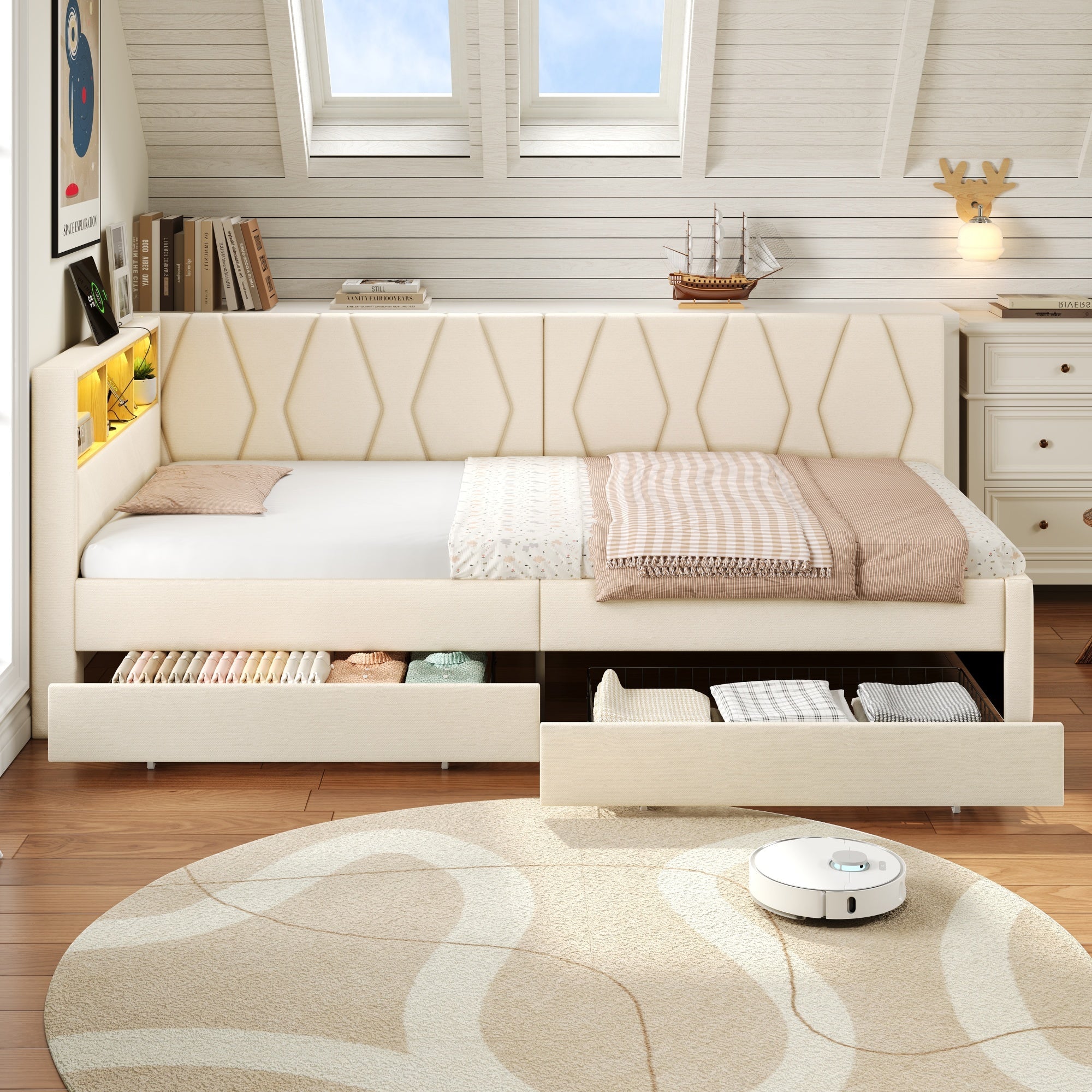 3ft Single Daybed with Two Storage Drawers, LED Modern Bed Frame with Charging Station, Linen, Beige
