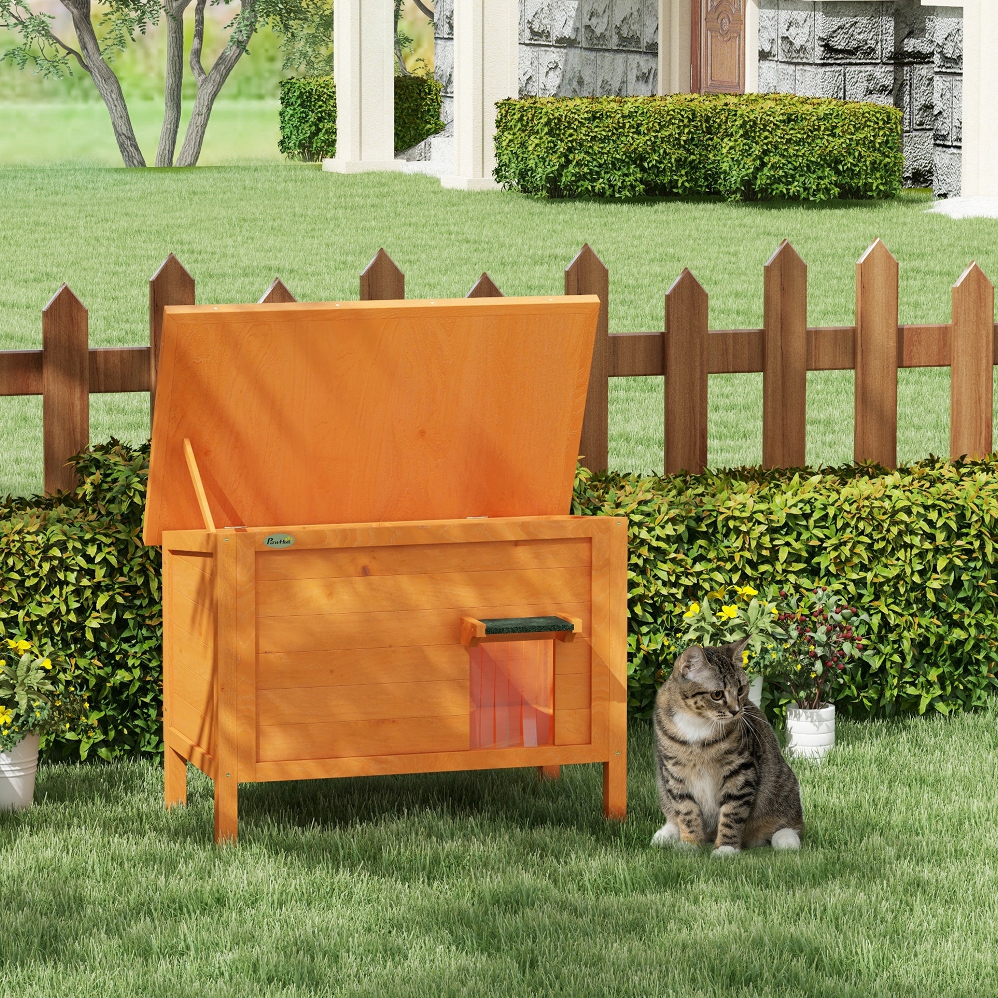 Wooden Cat House, Outdoor Insulated Elevated, Orange