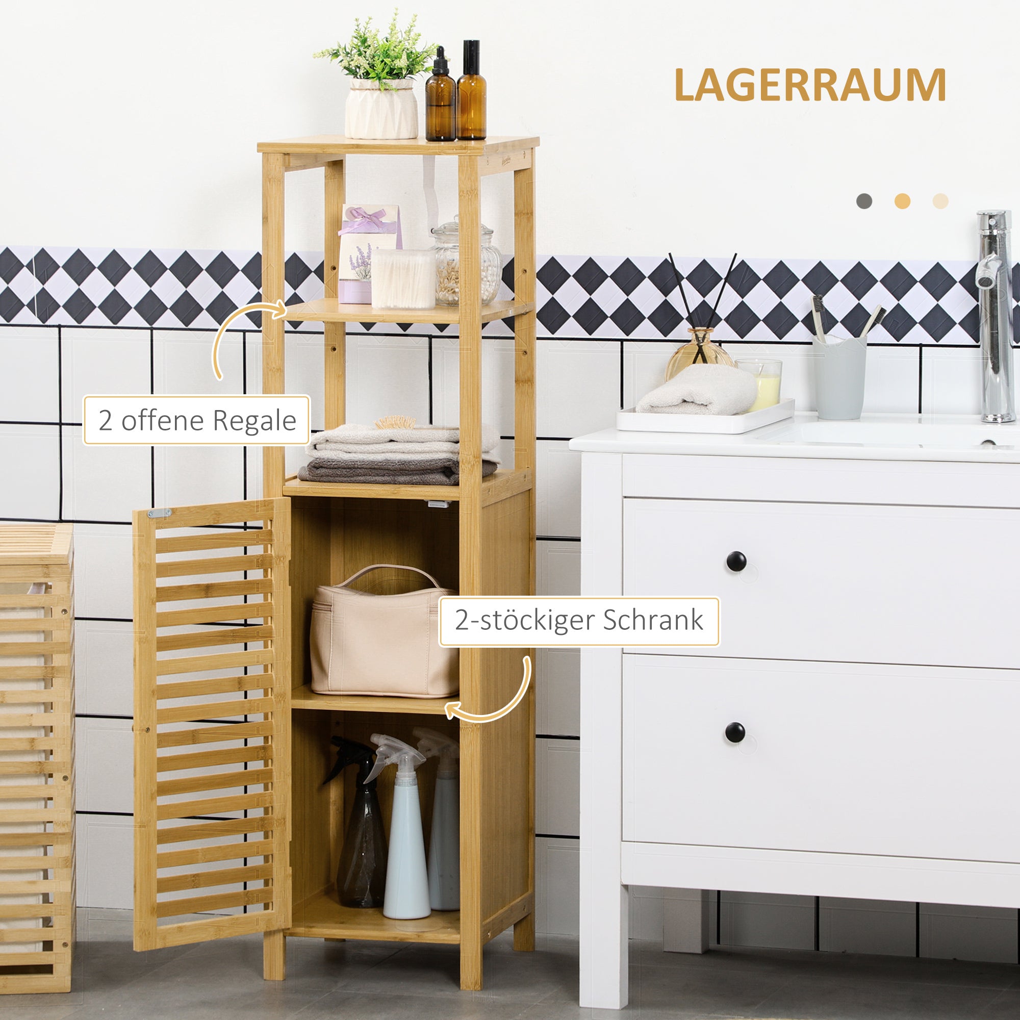 Bathroom Cabinet, Height-Adjustable, 2 Shelves, 33x30x120cm, Natural Bamboo