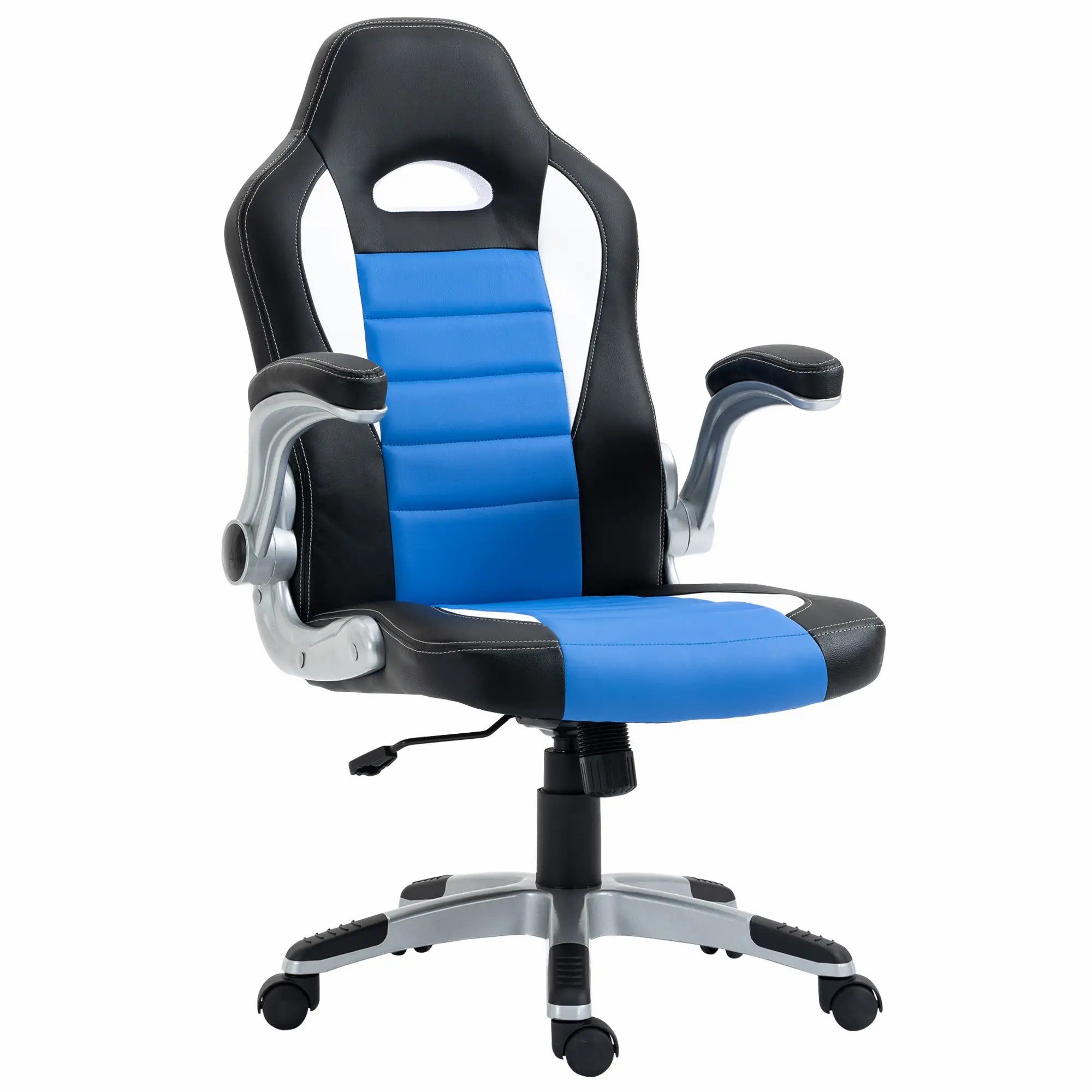 Computer Gaming Chair Swivel with Flip-up Armrest, Adjustable Height, PU Leather Blue