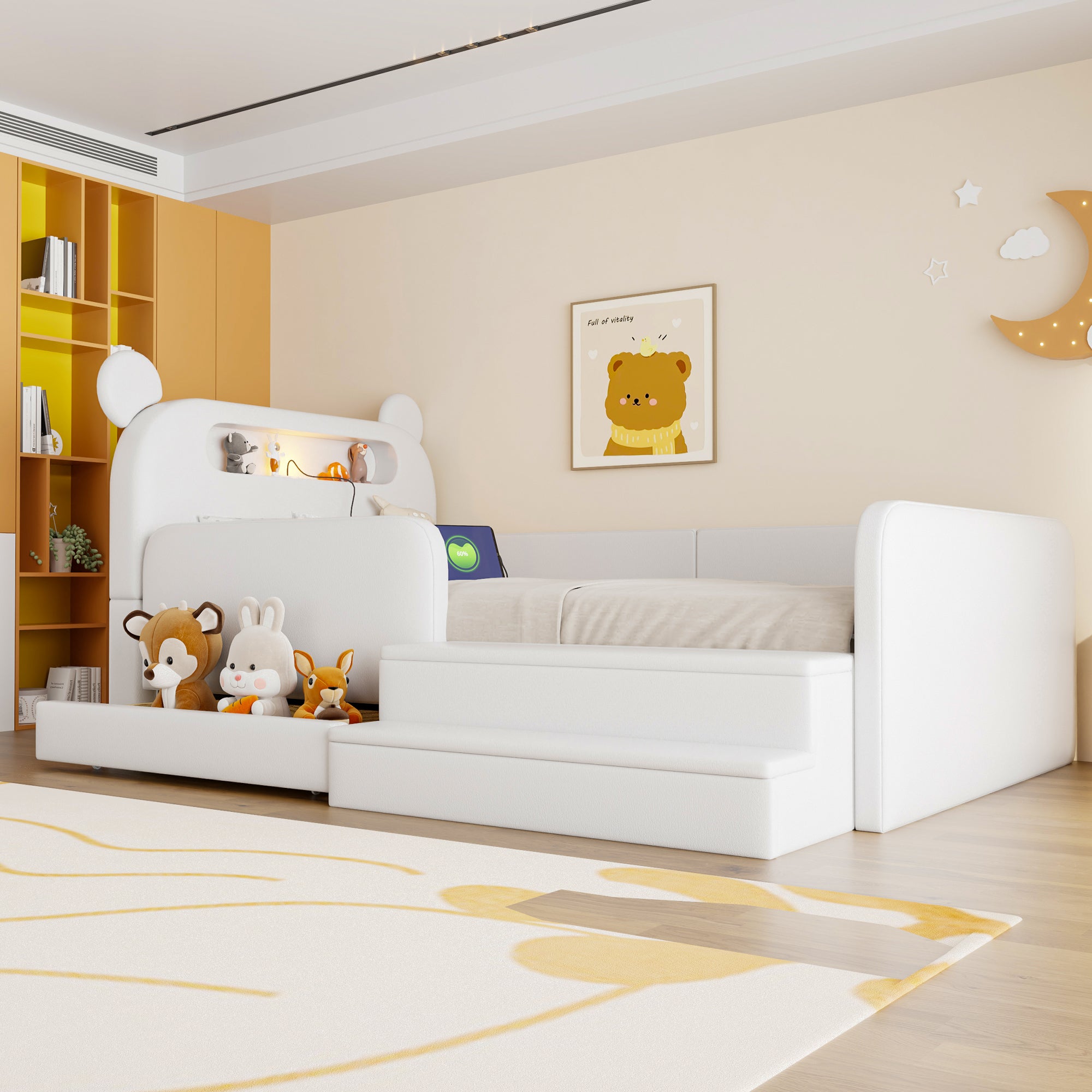 Children's Upholstered Bed 90x200cm Bear Headboard Night Light USB Storage Step Seat White Faux Leather
