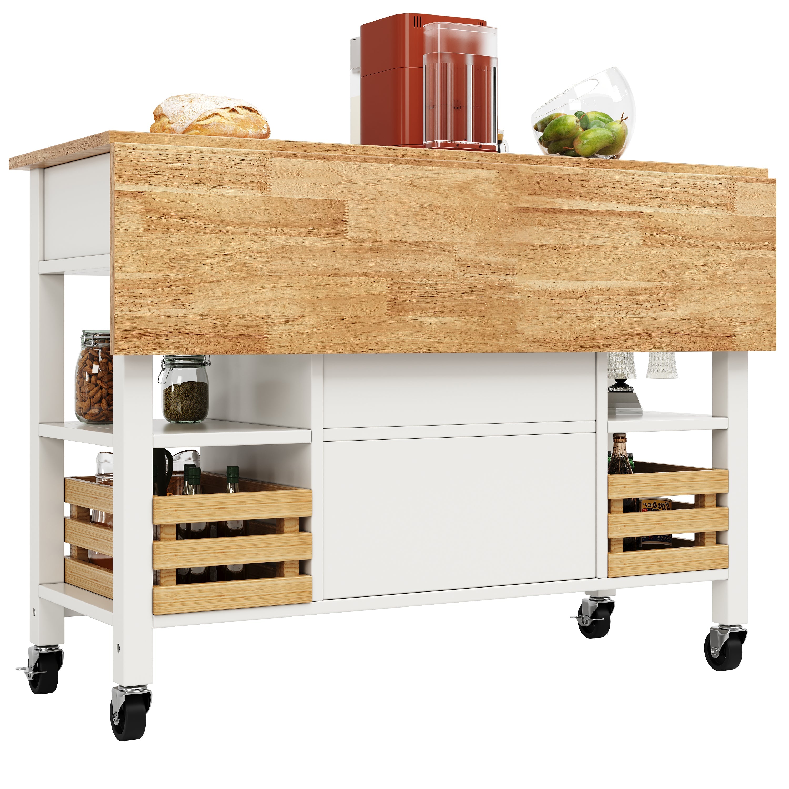 Rolling Kitchen Island Storage Trolley with Large Cabinet, 3 Drawers, Spice Rack & Adjustable Shelf, White