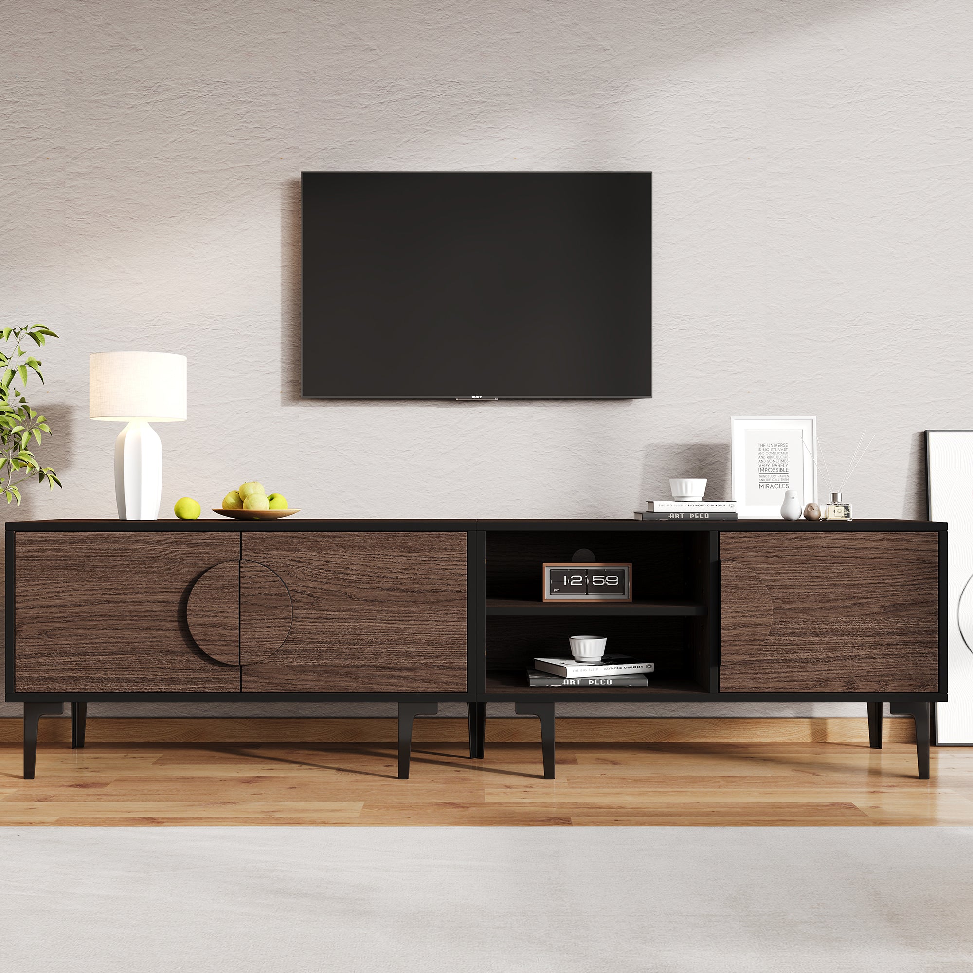 Lowboard TV Cabinet 180x35x49cm, 2 Cabinets, Open Shelves, 80-inch TV, Dark Walnut